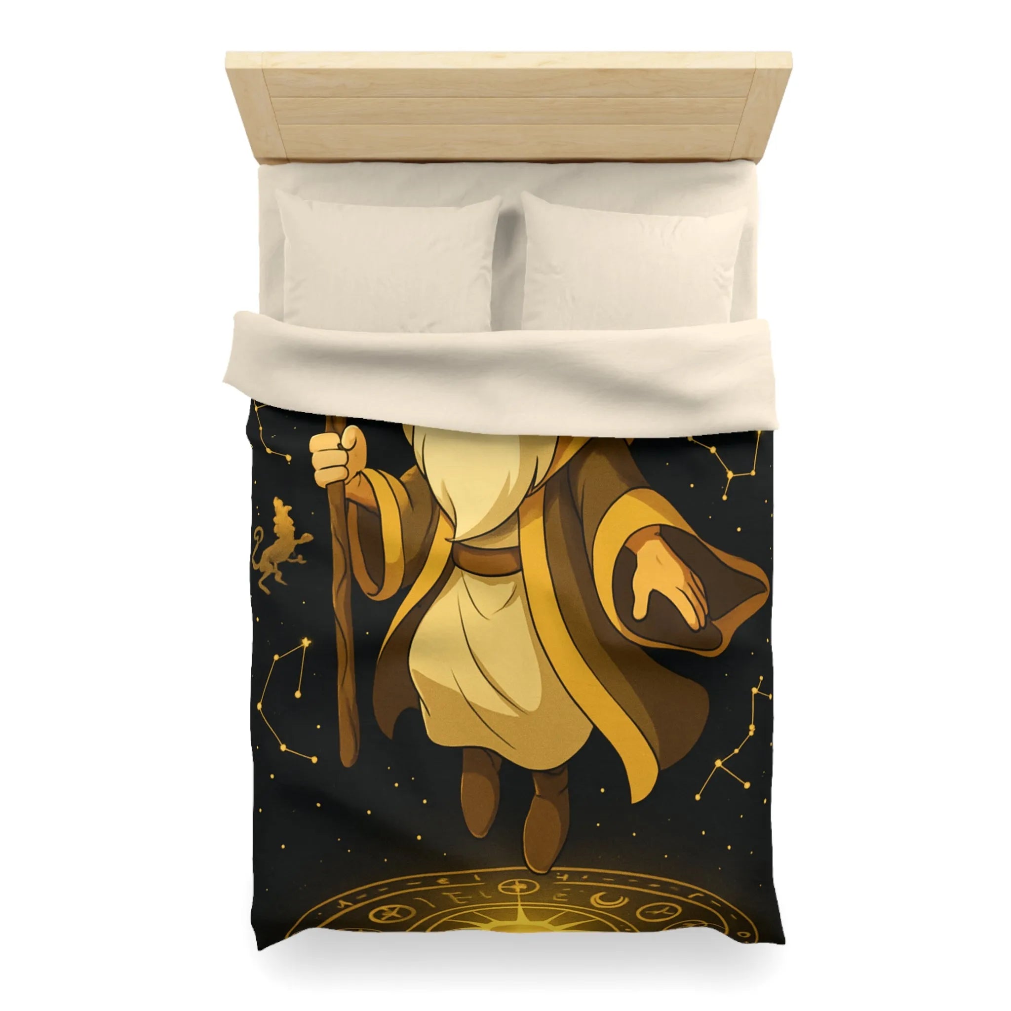 Housse de couette avec magicien illuminé et constellations dorées pour chambres enchantées
