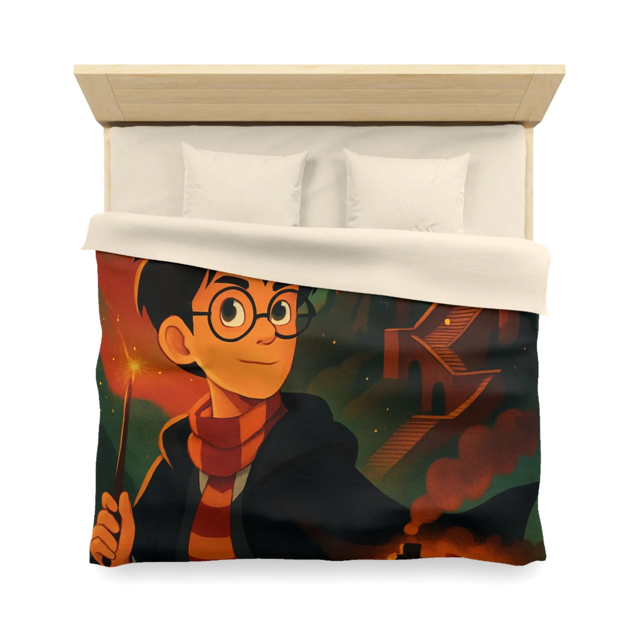 Housse de couette magique avec jeune sorcier, hibou, château et train en fond