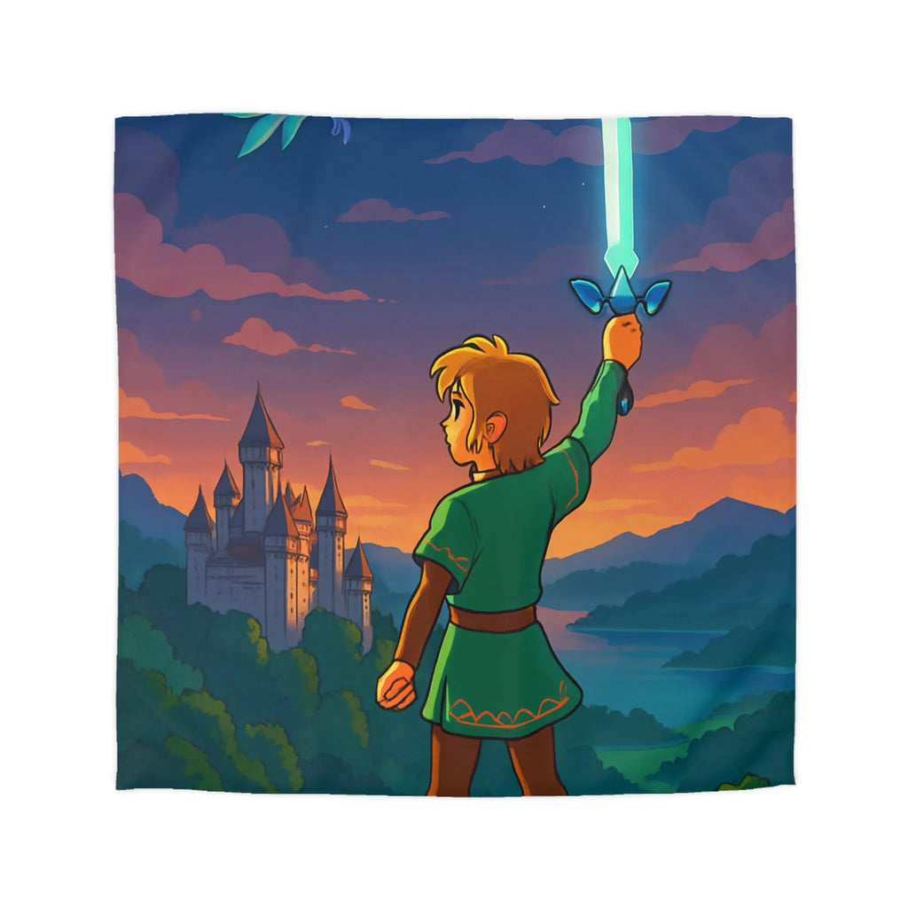 Housse de Couette Fantasy avec Épée, Château et Oiseau au Coucher de Soleil