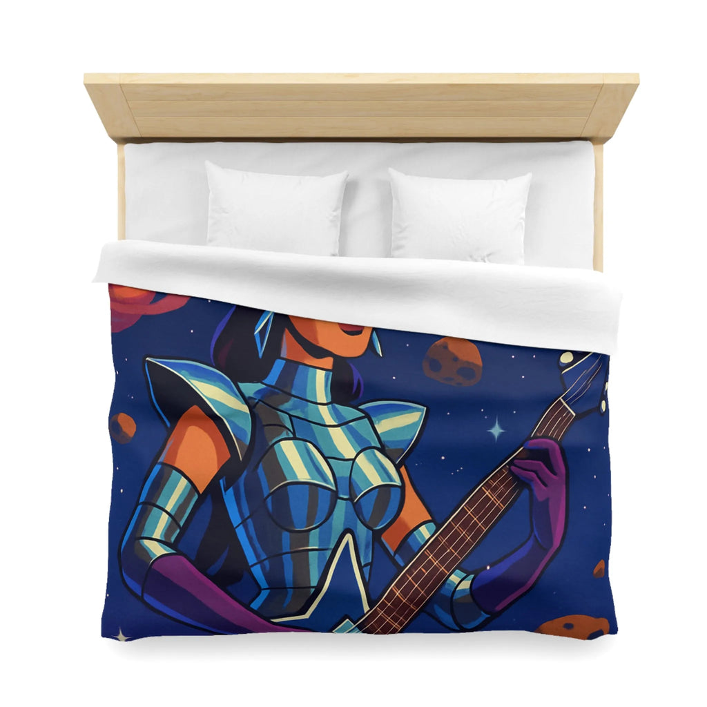 Housse de couette espace cosmique avec musicienne extraterrestre jouant de la guitare étoilée