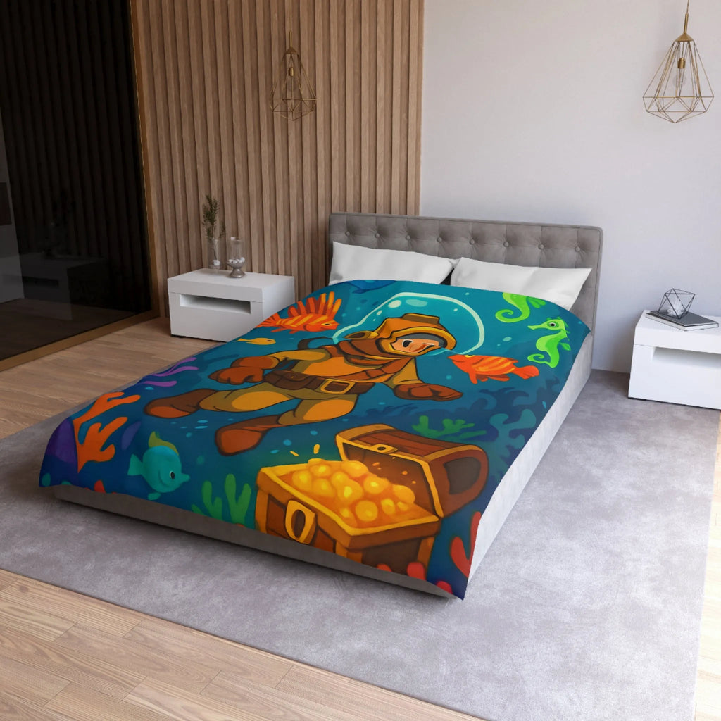 Housse de couette enfant aventure sous-marine avec plongeur et trésor coloré en dessin animé
