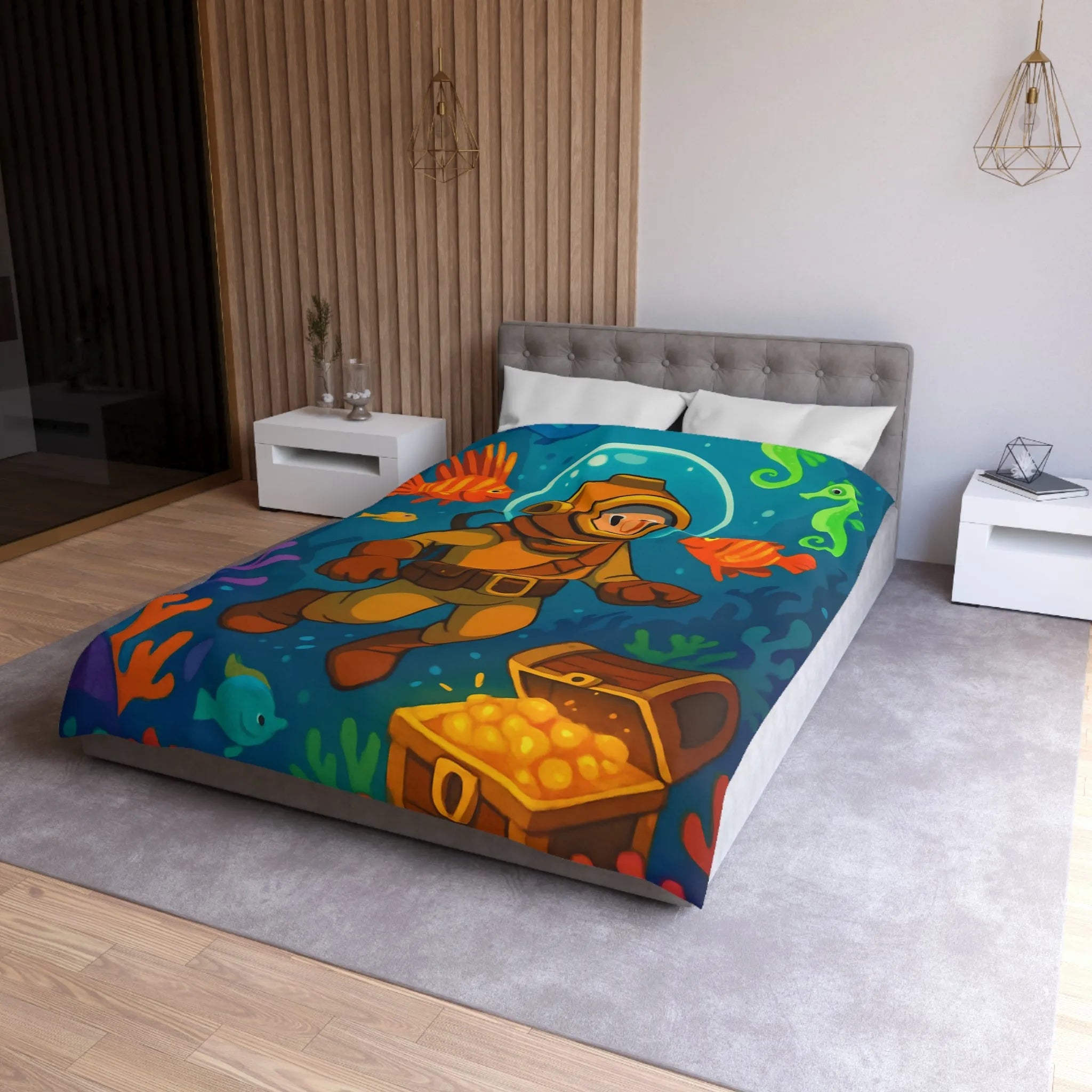 Housse de couette enfant aventure sous-marine avec plongeur et trésor coloré en dessin animé