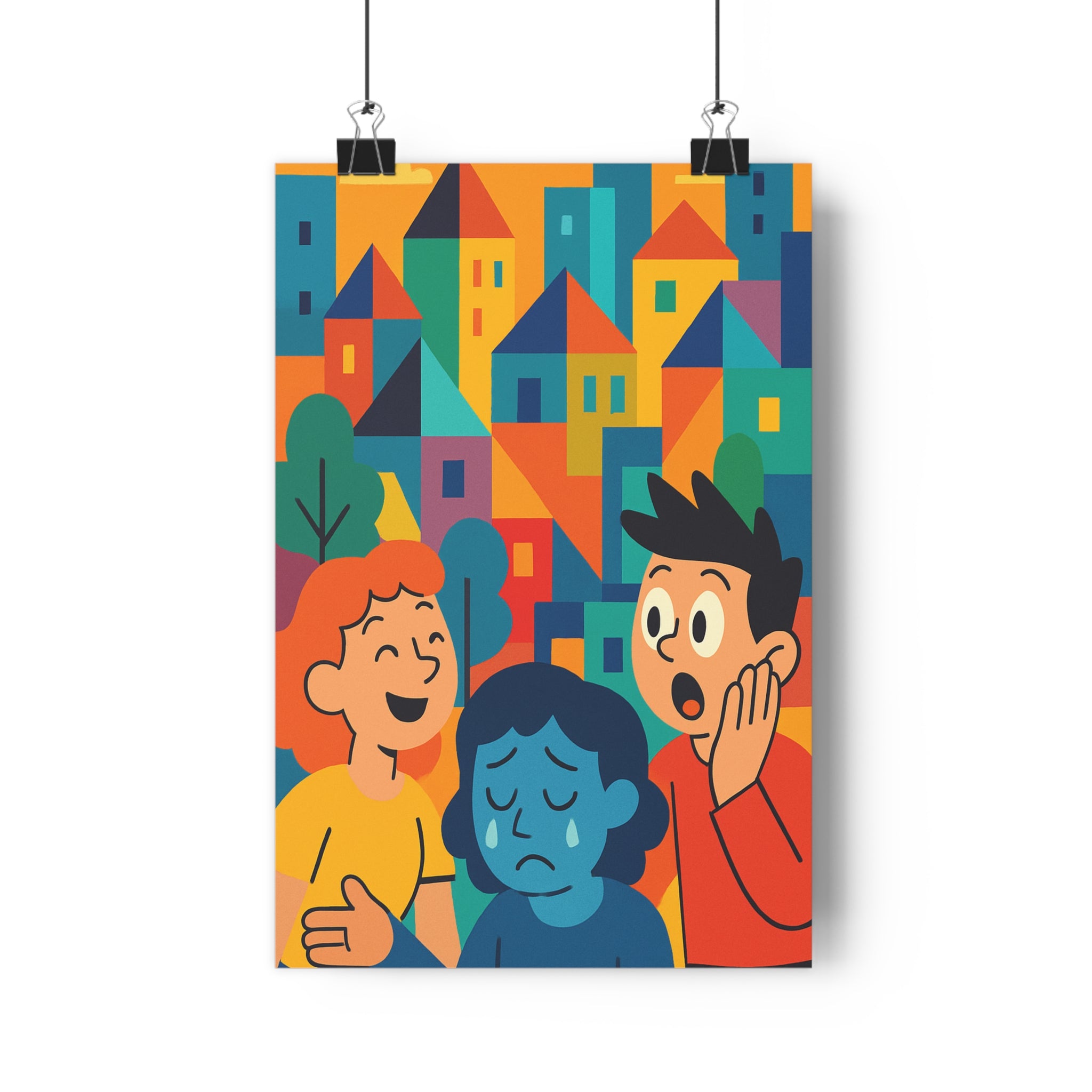 Poster décoratif anime jaune bleu orange urbain dynamique joyeux salon chambre bureau moderne expressif