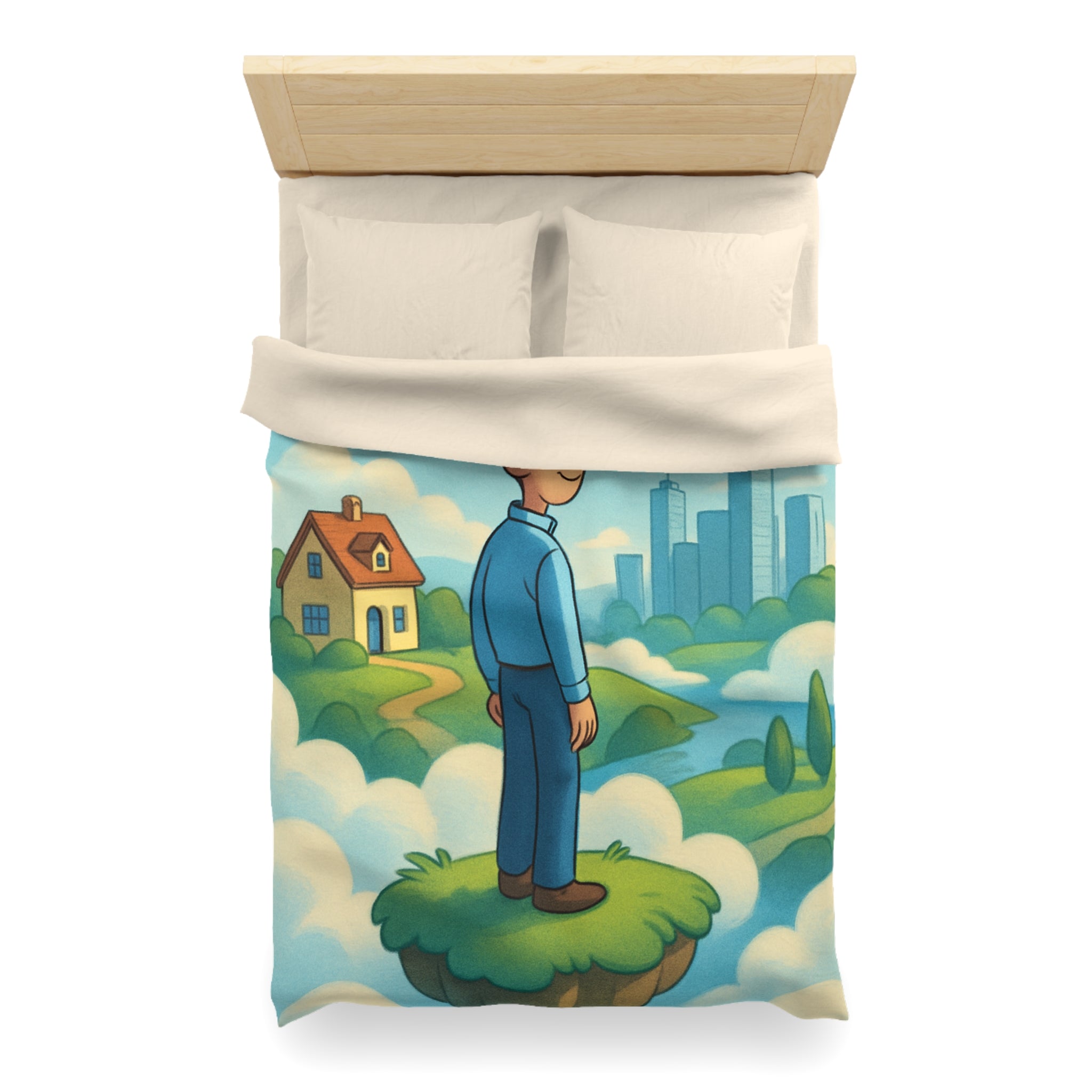 Illustration de rêve serein de paysage flottant avec personnage et ville éloignée