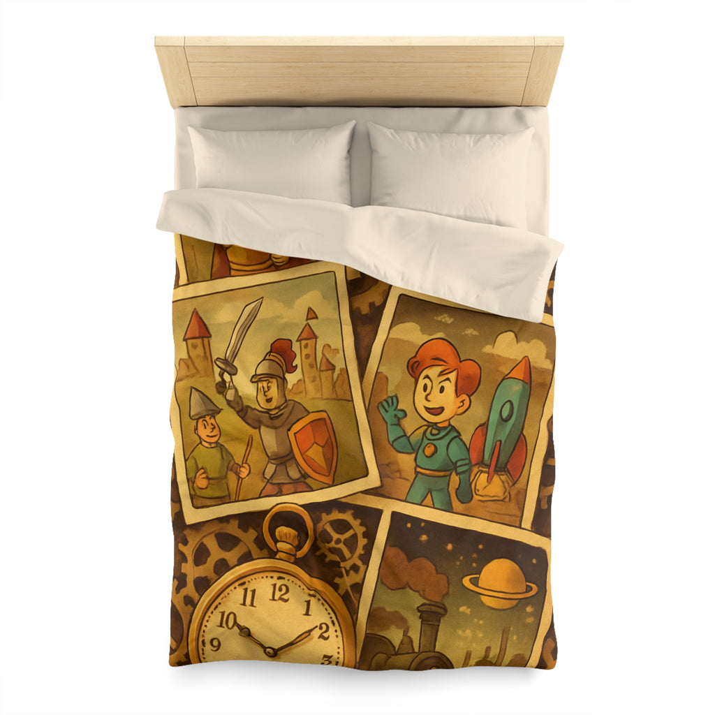 Housse de couette rétro avec horloges, conquérants et thème d'exploration spatiale et historique