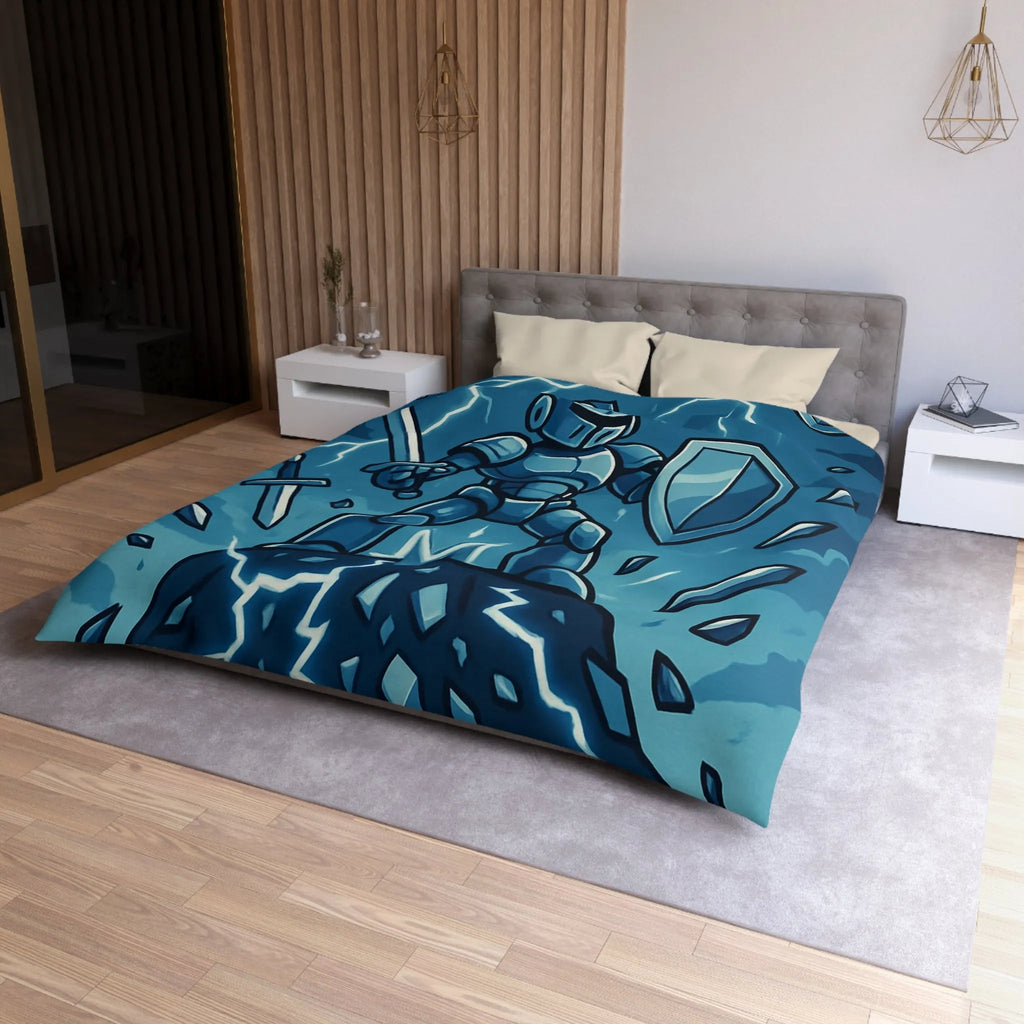 Housse de couette chevalier vaillant avec épée et bouclier sous éclairs bleus