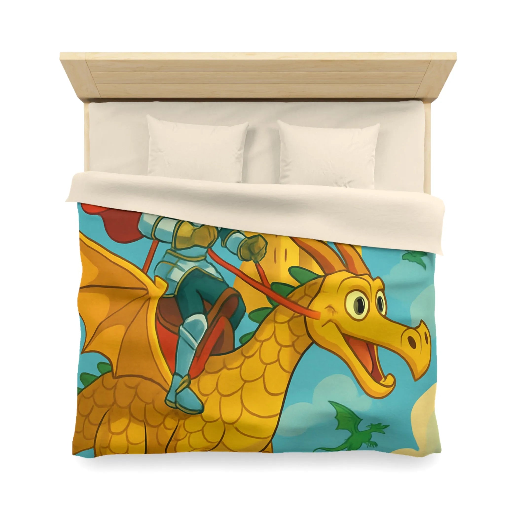 Housse de couette avec chevalier courageux chevauchant un dragon doré au-dessus château fantastique
