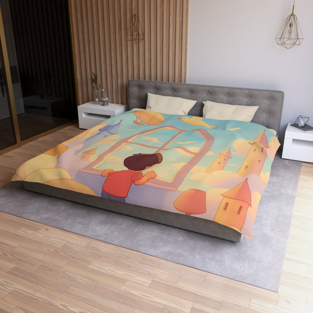 Housse de couette rêveuse enfantine avec nuages, dirigeables et oiseaux volants paisibles