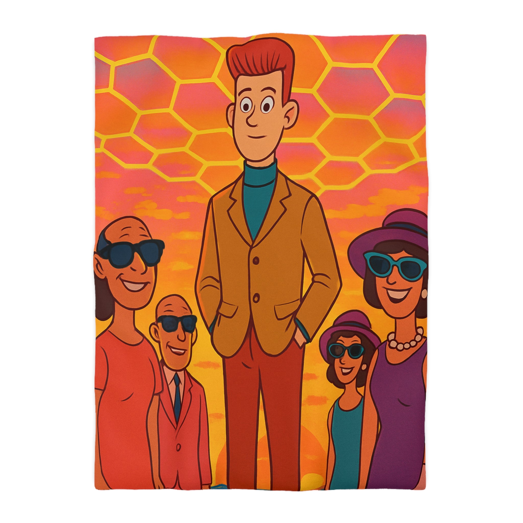 Motifs colorés hexagonaux vibrant avec personnages stylisés dans un paysage ensoleillé unique