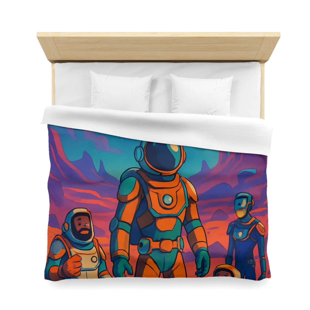 Housse de couette avec des astronautes et formes géométriques sous ciel étoilé coloré