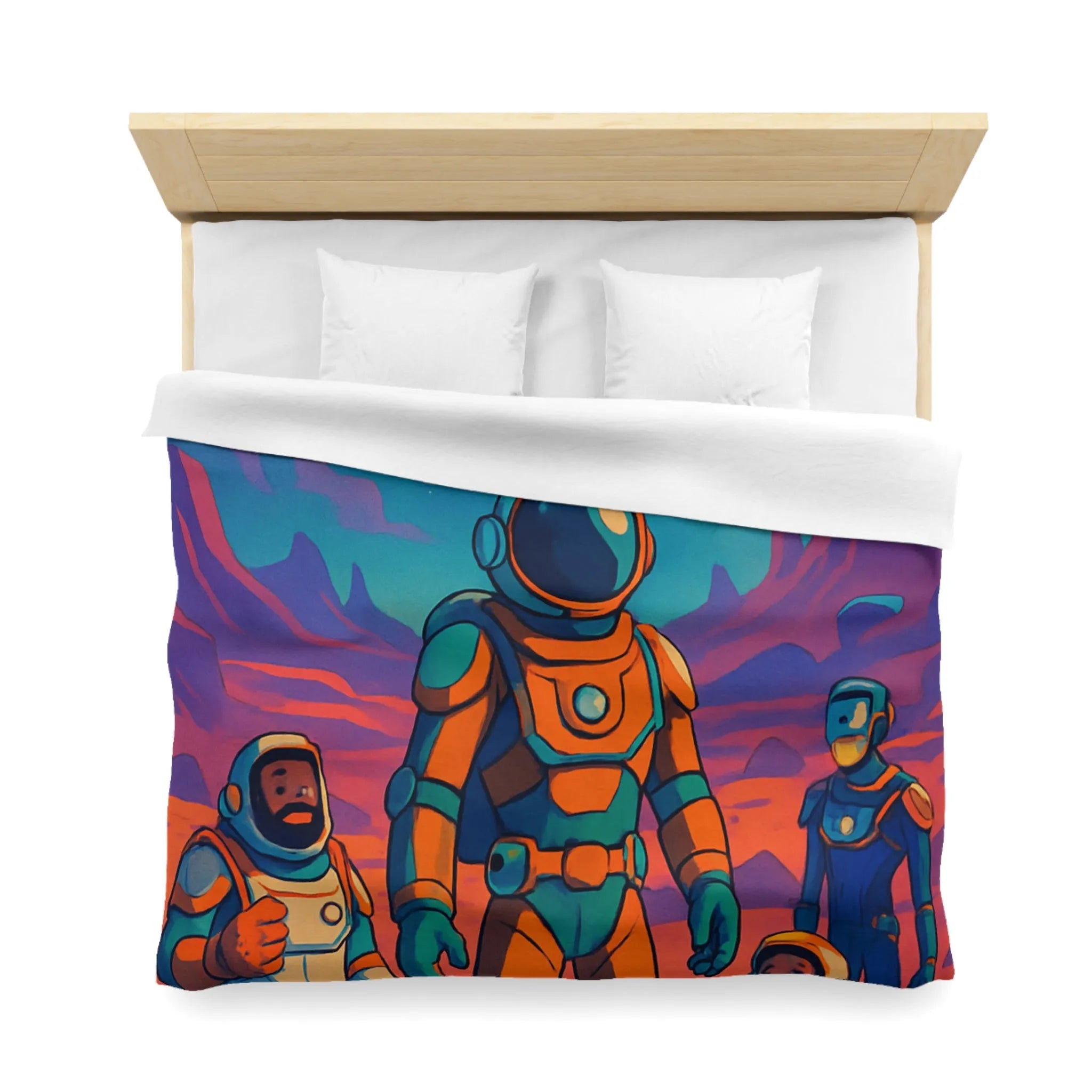 Housse de couette avec des astronautes et formes géométriques sous ciel étoilé coloré