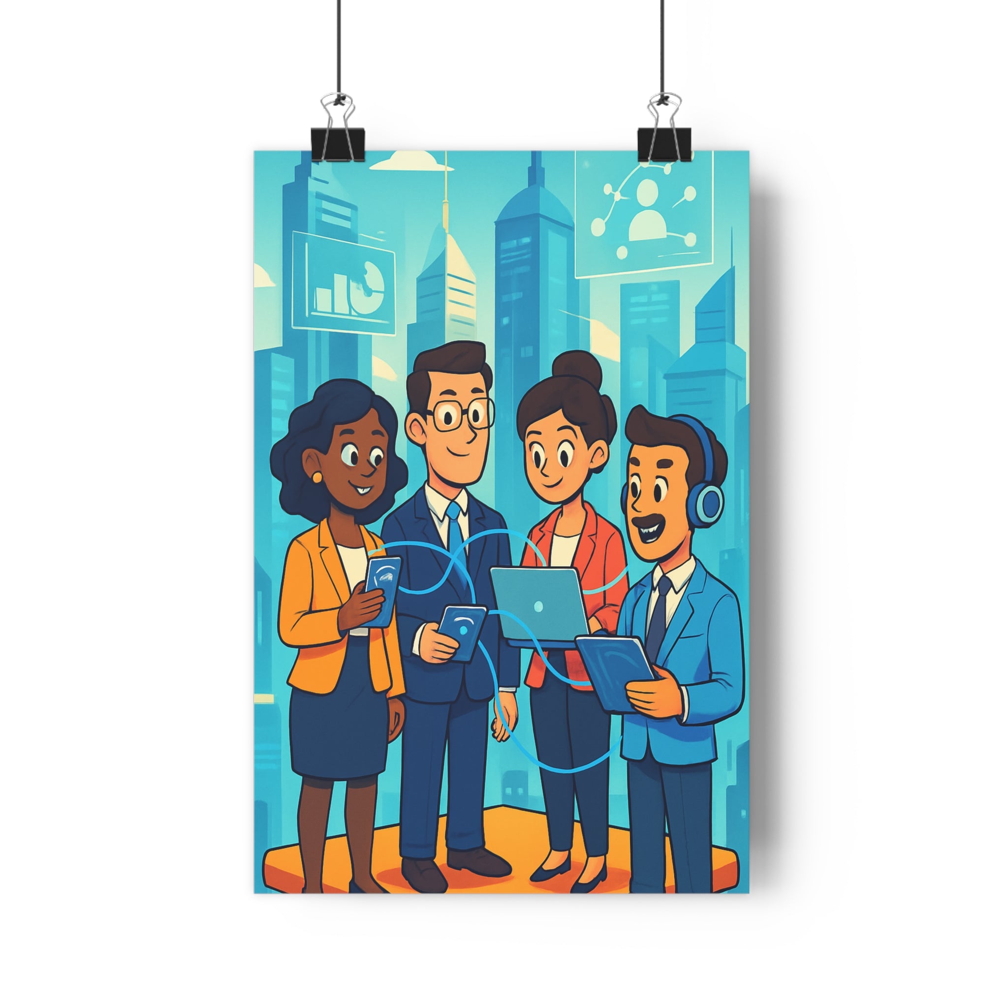 Poster décoratif moderne cartoon bleu orange dynamique bureau futuriste numérique urbain professionnel vibrant élégant