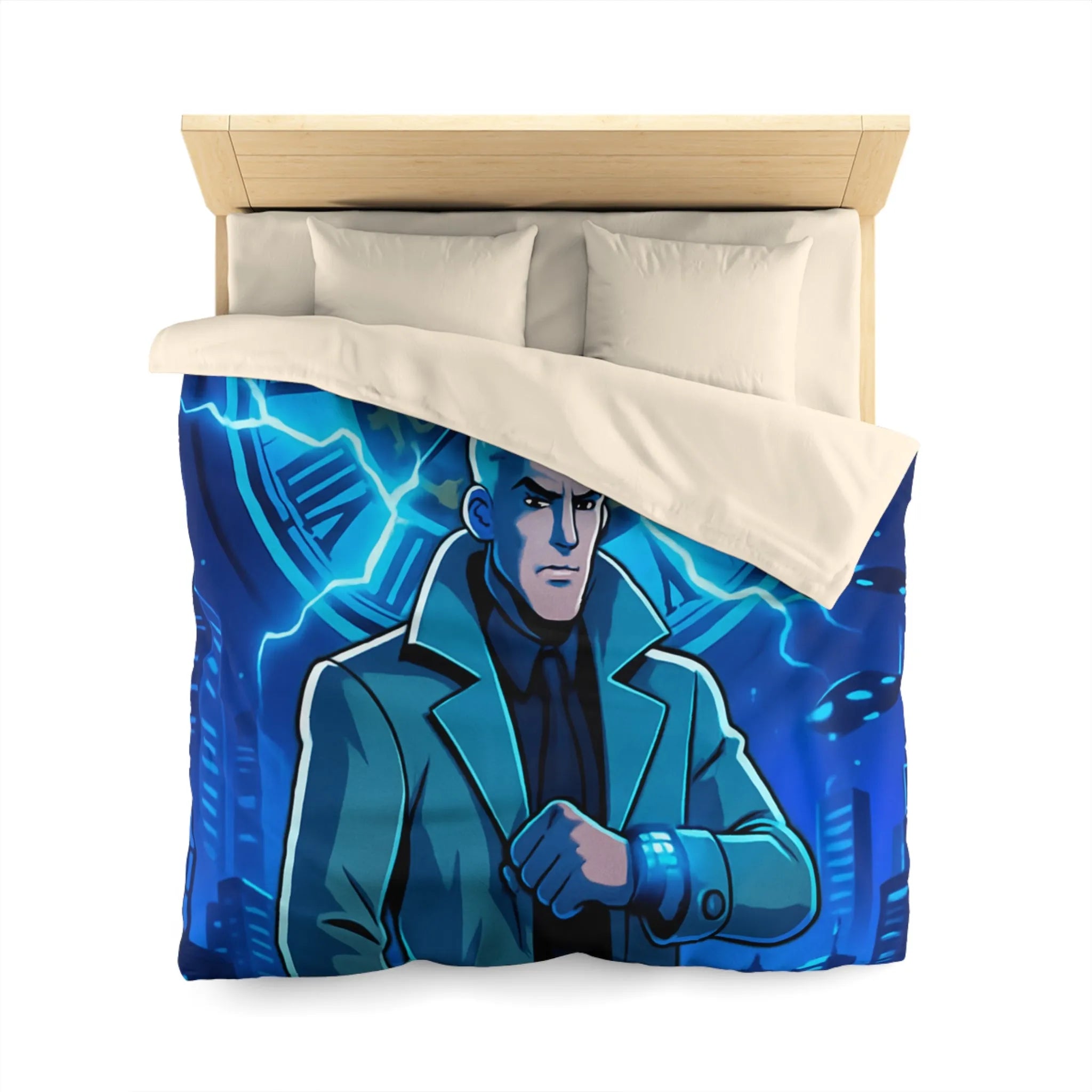 Housse de Couette Inspiration Futuriste avec Horloge Éclair et Personnage Mystérieux en Manteau