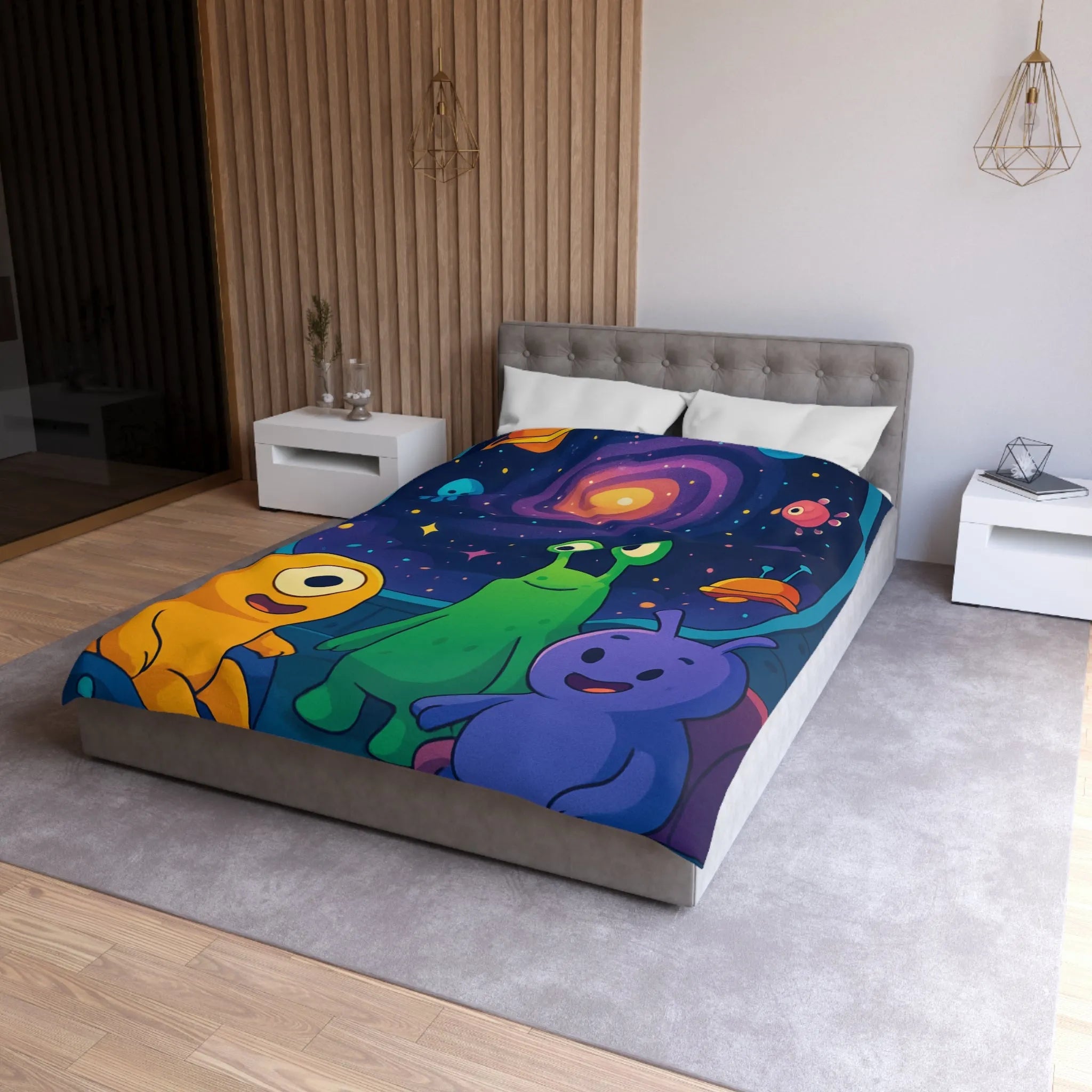 Housse de Couette Enfantine : Amis Extraterrestres Explorant l'Univers au Milieu des Étoiles