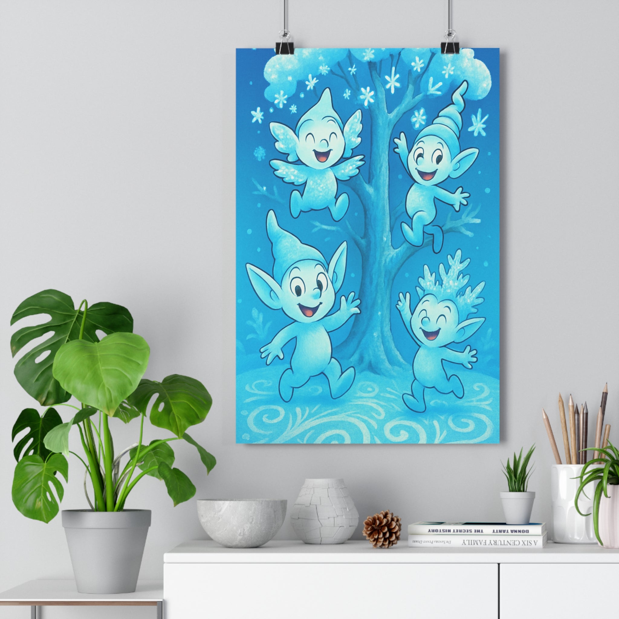 Poster décoratif anime bleu blanc joyeux créature fantastique arbre neige chambre salon magique 30x46