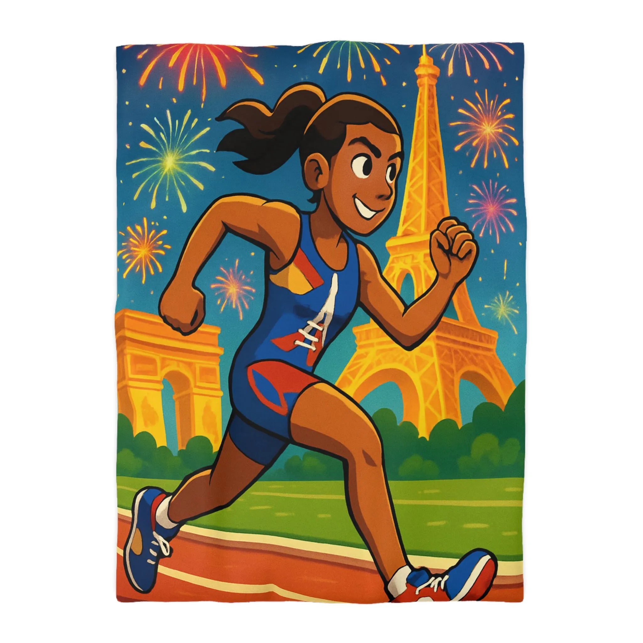 Housse de couette colorée athlète féminine course Paris feux d'artifice nuit sportive