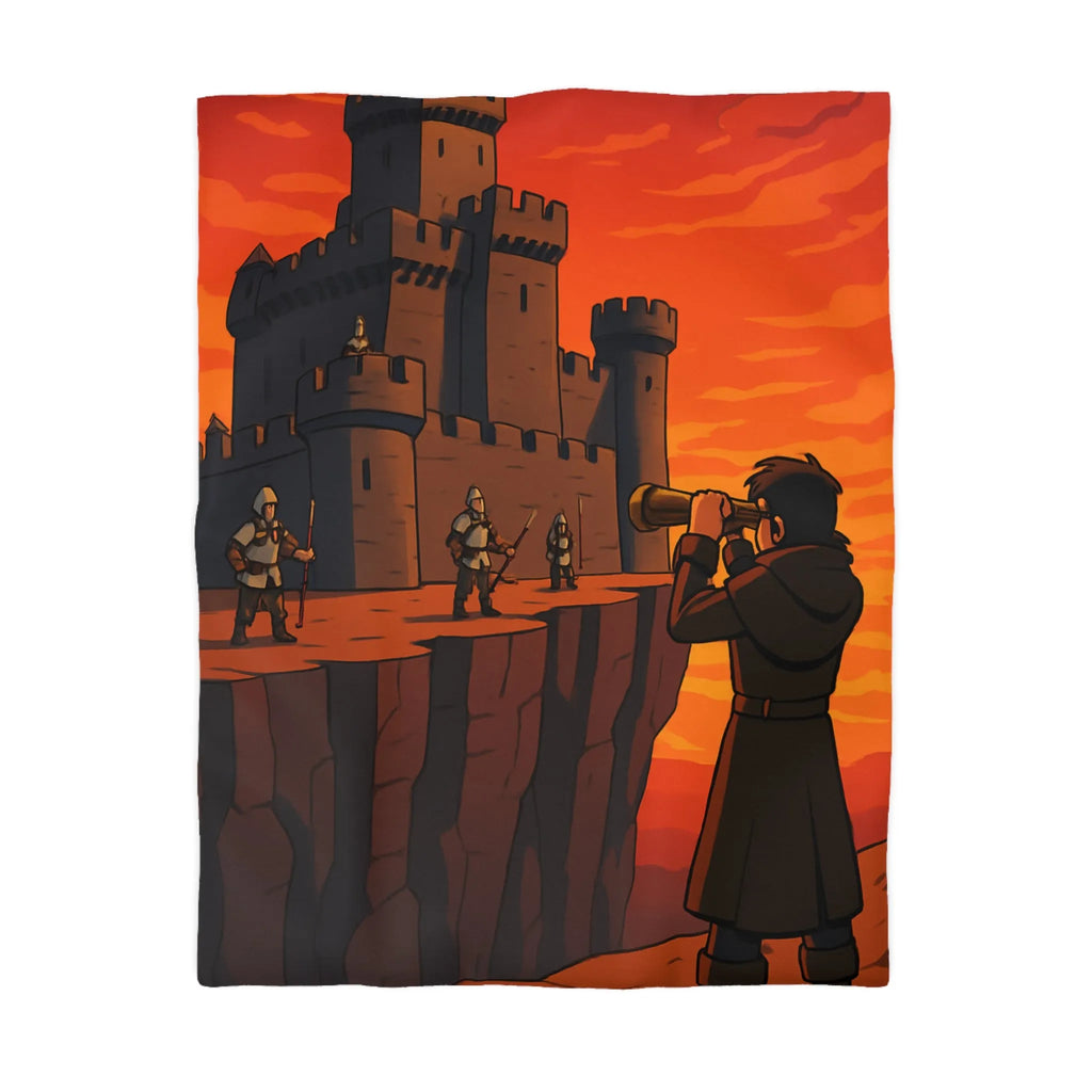 Housse de couette médiévale avec forteresse et observateur sous coucher de soleil épique
