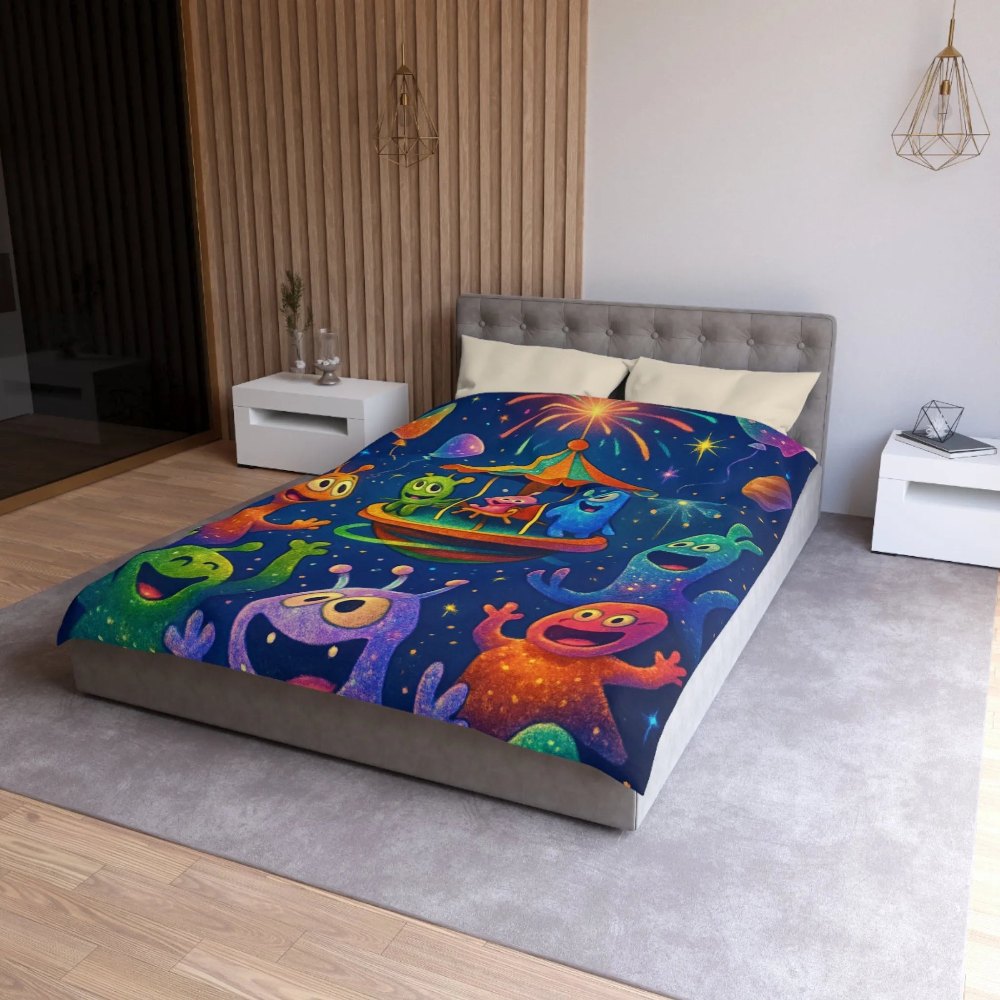 Housse de couette aux créatures extraterrestres colorées sous feux d'artifice et ballons colorés