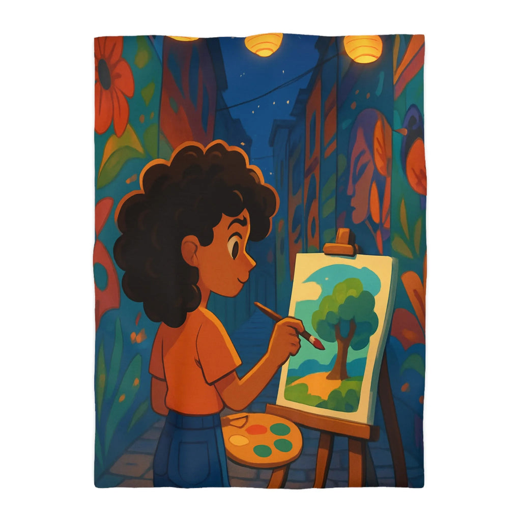 Housse de couette colorée illustrant une ruelle artistique avec peinture et lanterne