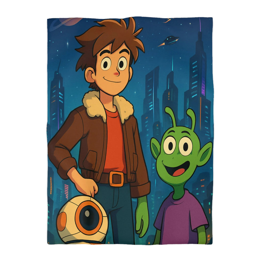 Housse de Couette Colorée avec Enfant et Alien, Aventures dans la Ville Futuriste