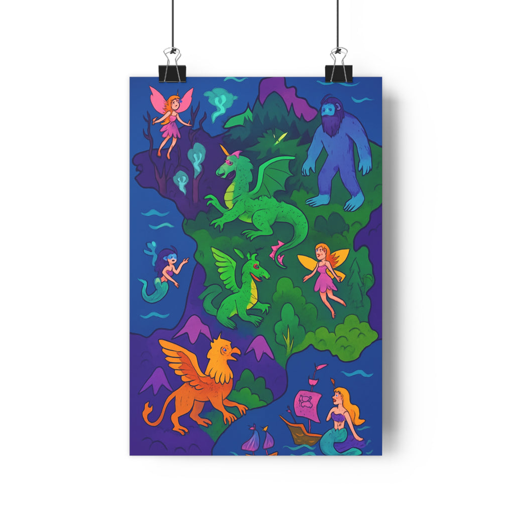 Poster décoratif carte France créatures mythologiques magique vert bleu violet enfant 30x46 mystique qualité