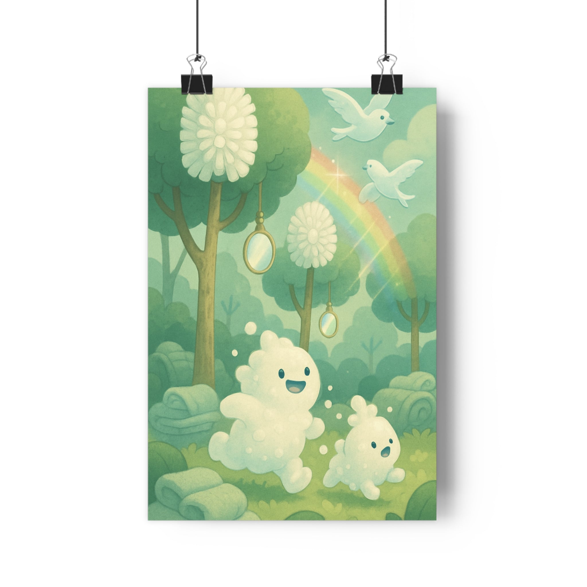 Poster décoratif cartoon bleu blanc forêt féérique joyeux enfant créature magique nature murale chambre