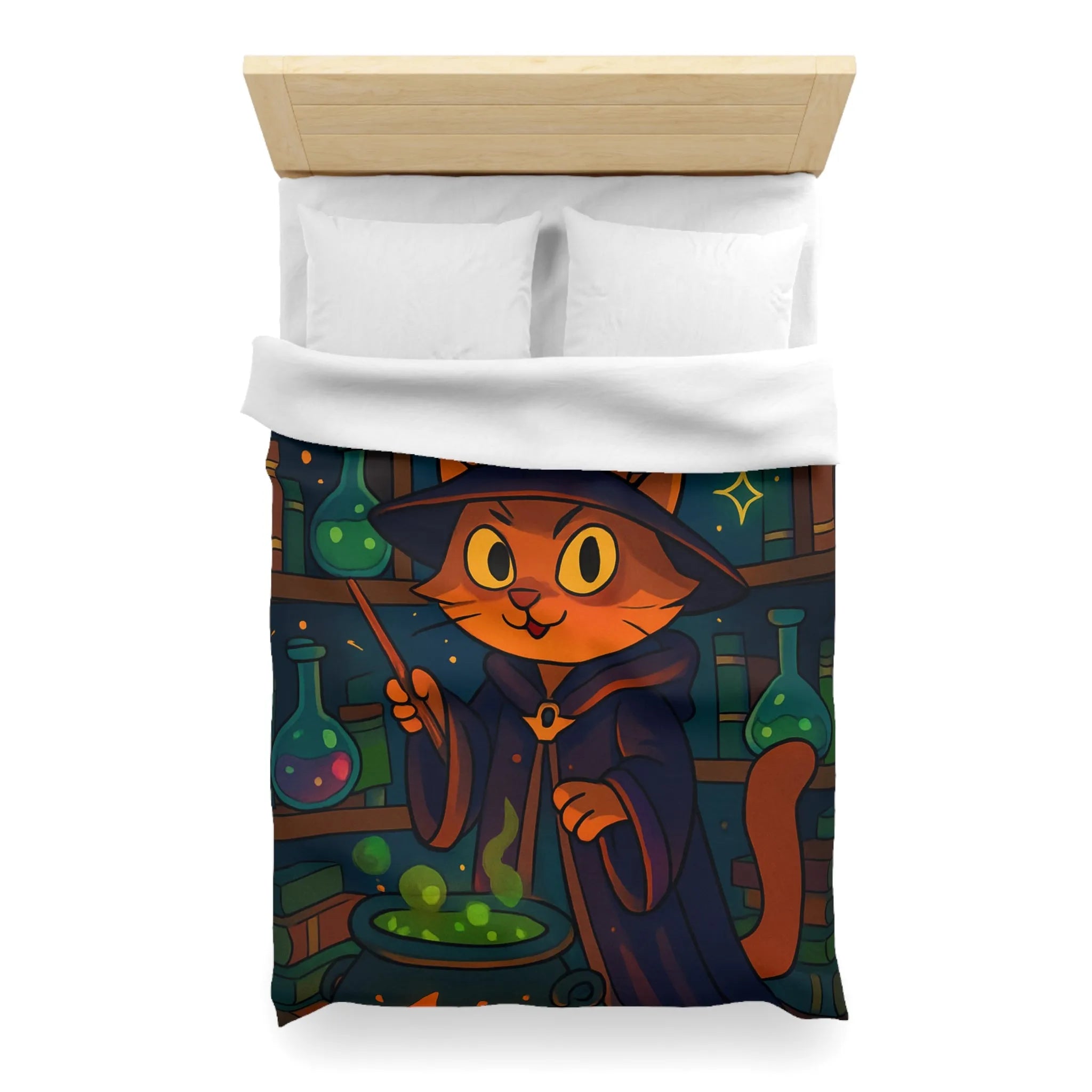 Housse de couette féline magique avec chat sorcier et chaudron dans bibliothèque colorée