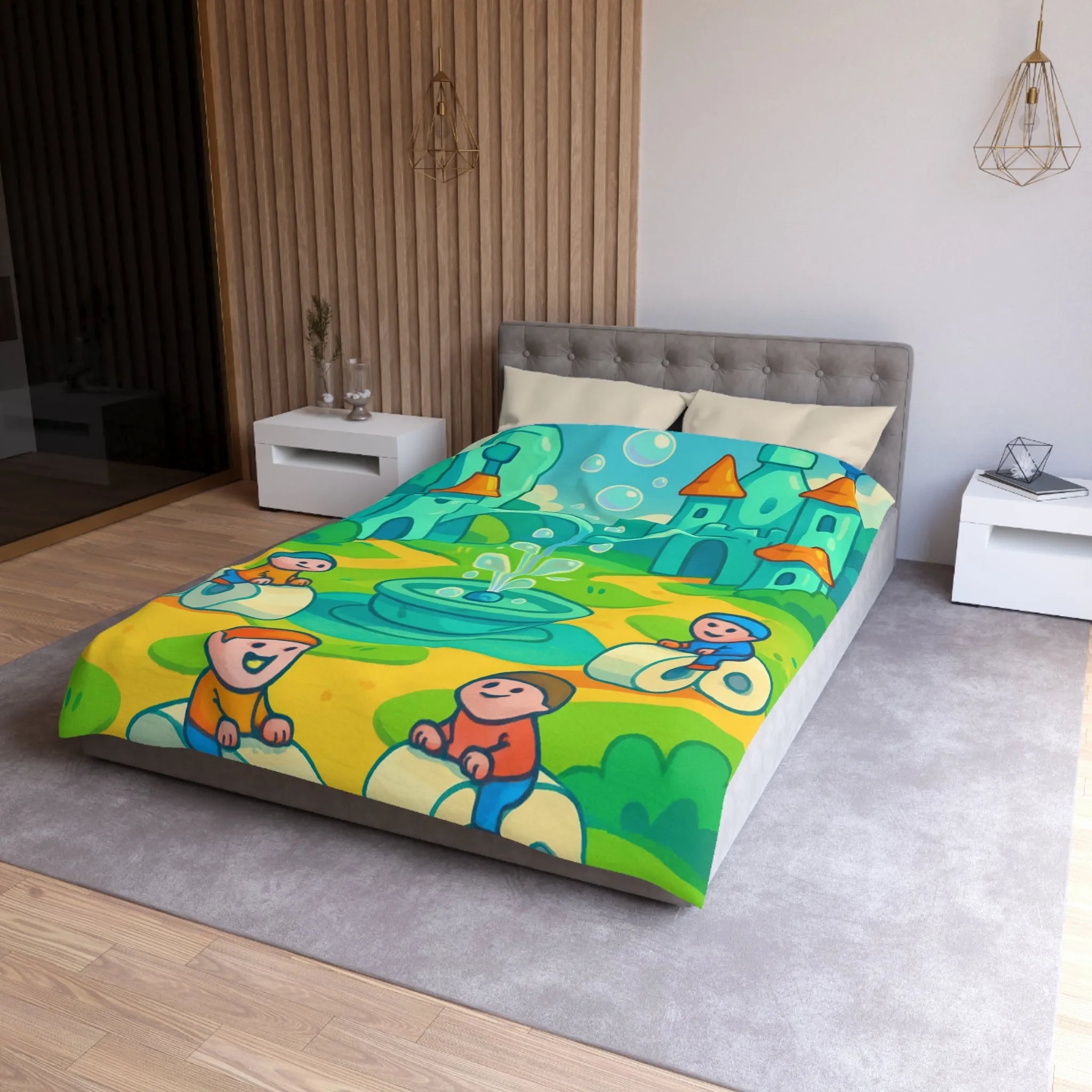 Housse de couette joyeuse avec château et enfants sur routes animées et colorées