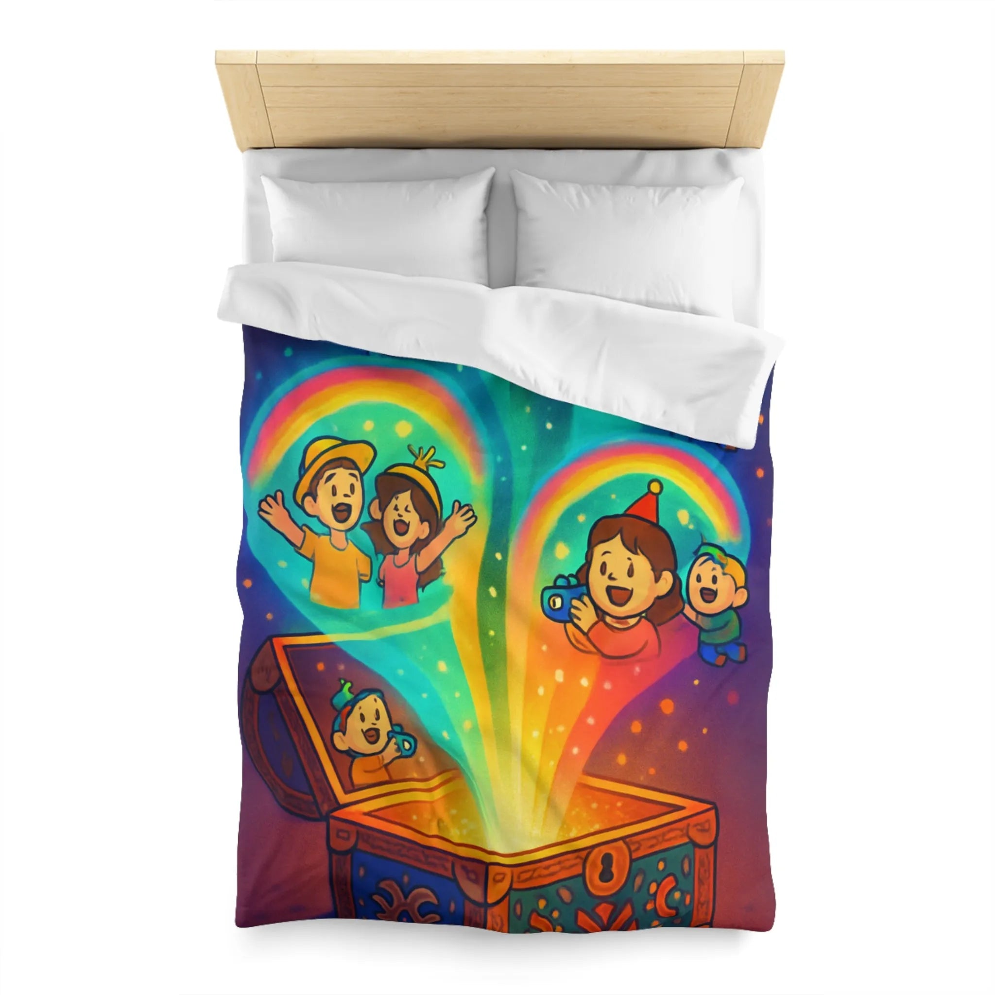 Housse de couette colorée avec coffre magique et souvenirs lumineux pour chambre joyeuse