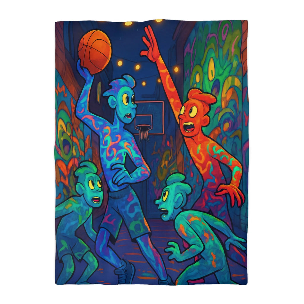 Housse de couette colorée avec personnages abstraits jouant au basket la nuit