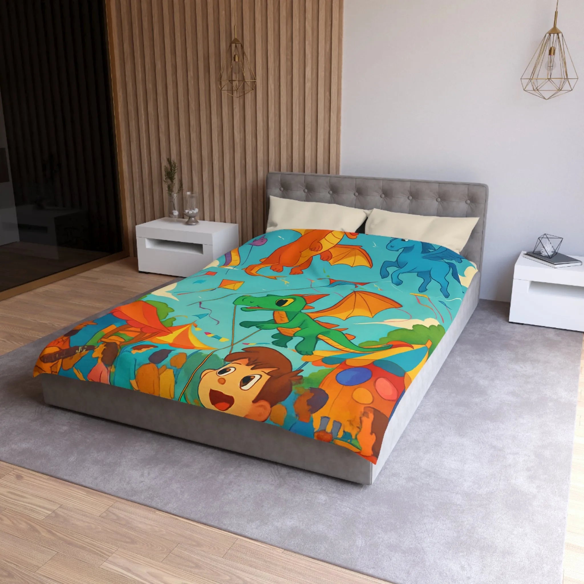 Envolée de cerfs-volants dragons et licorne sous un ciel bleu auberge festival