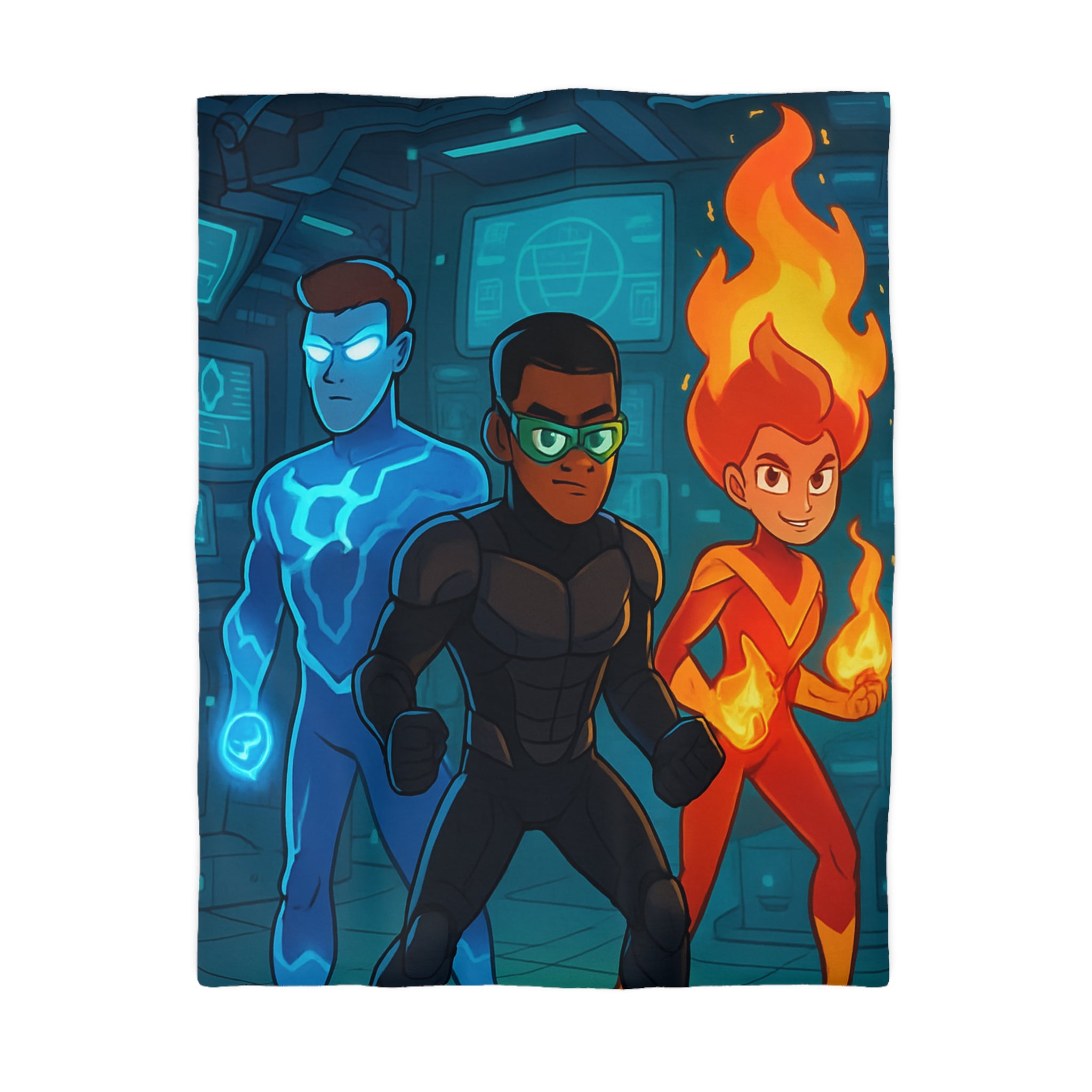 Housse de couette super-héros colorée avec motifs de feu, glace et technologie futuriste