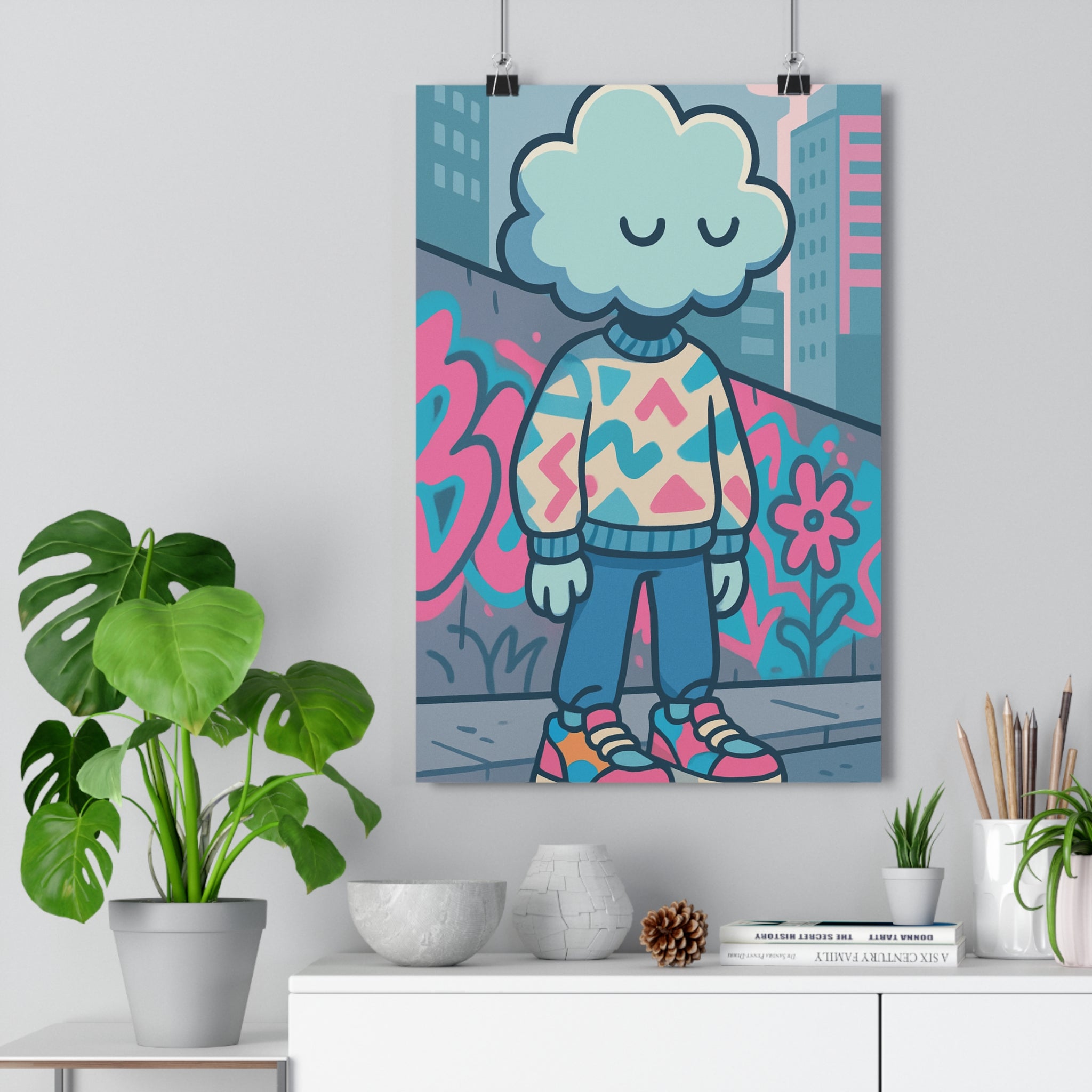 Poster décoratif moderne créature pastel bleu rose turquoise urbain joyeux bureau salon 30x46cm qualité