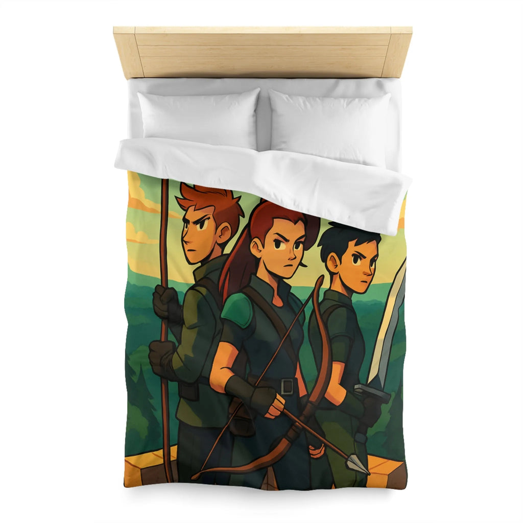 Housse de couette illustrée trois héros médiévaux arc épée forêt château aube
