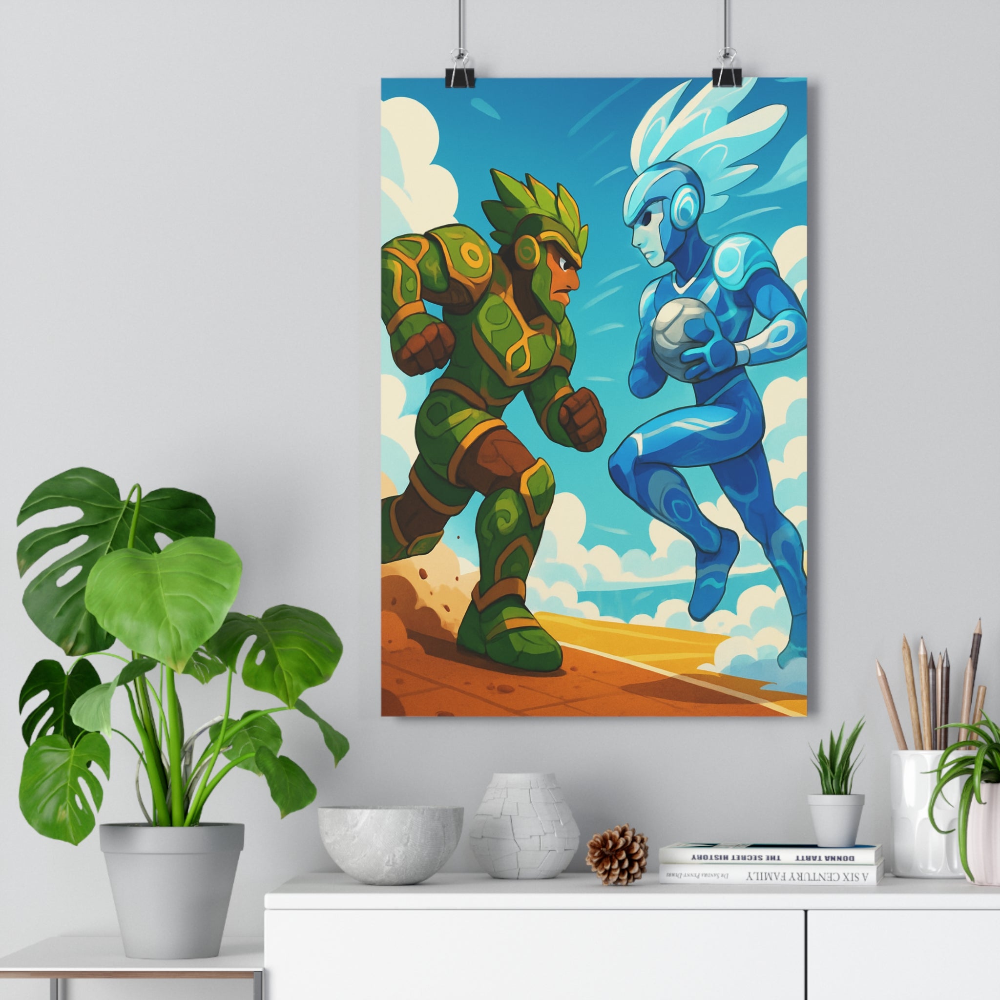 Poster décoratif cartoon vert bleu dynamique aventure sportif fantastique chambre salon vibrant nature éthéré