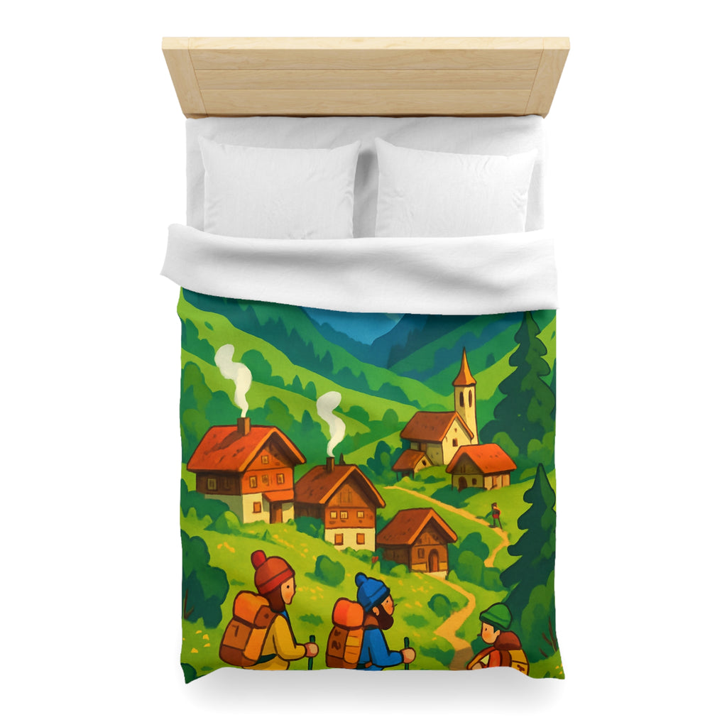 Housse de Couette Montagne avec Aventureurs, Chalets et Paysage Montagnard Enneigé