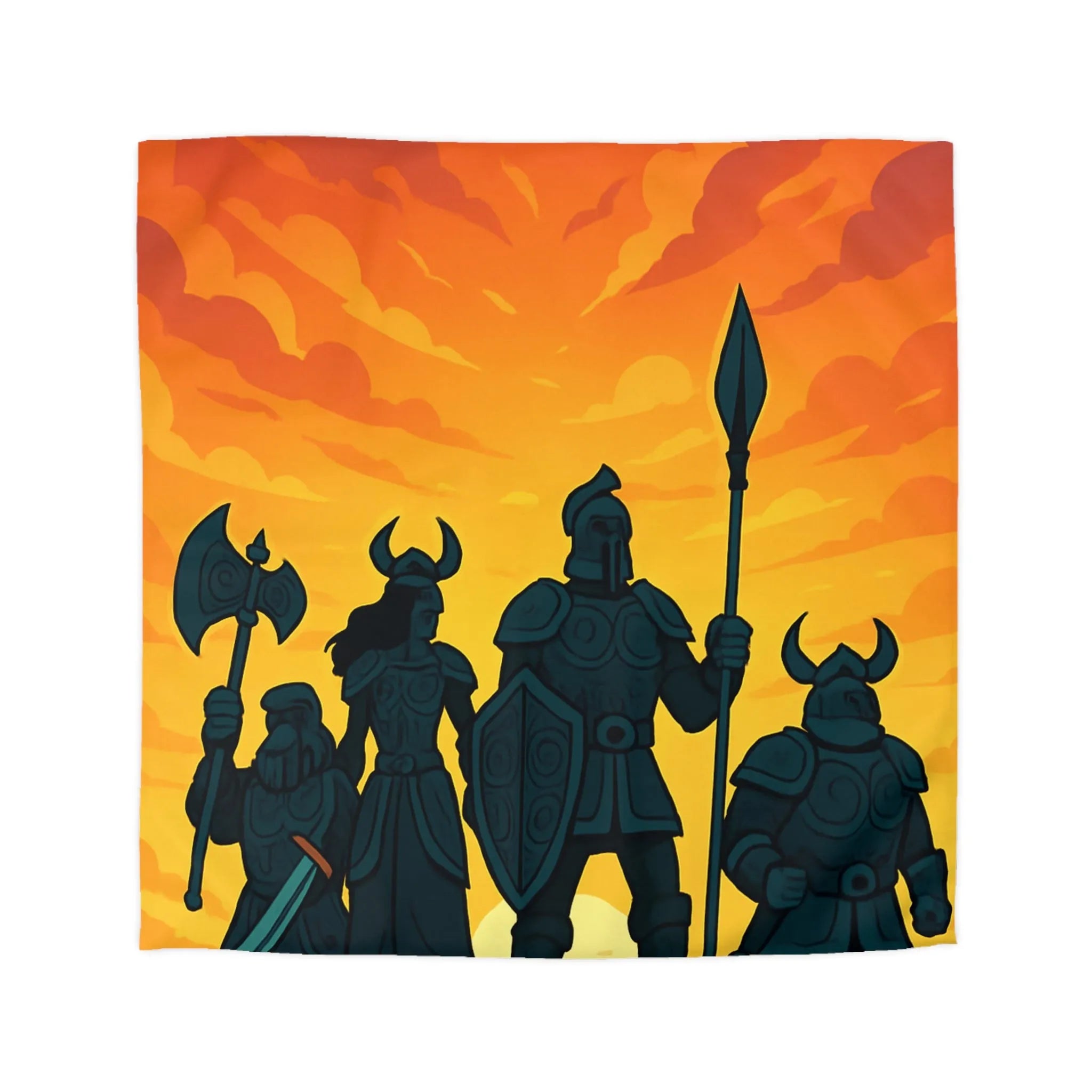Housse de couette épique avec guerriers sous ciel flamboyant pour décoration médiévale