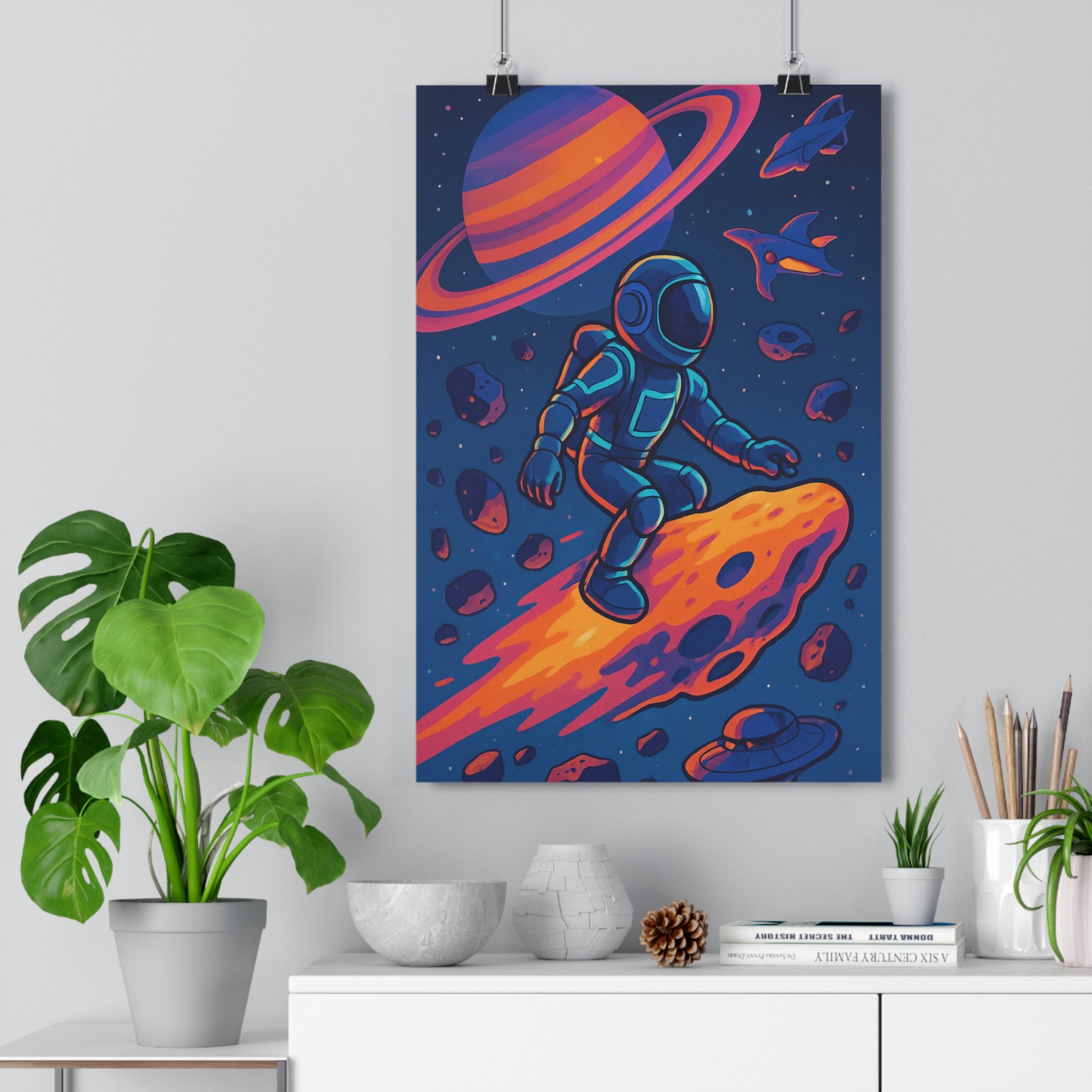 Poster décoratif aventure astronaute bleu violet orange cartoon espace salon chambre enfant galactique moderne