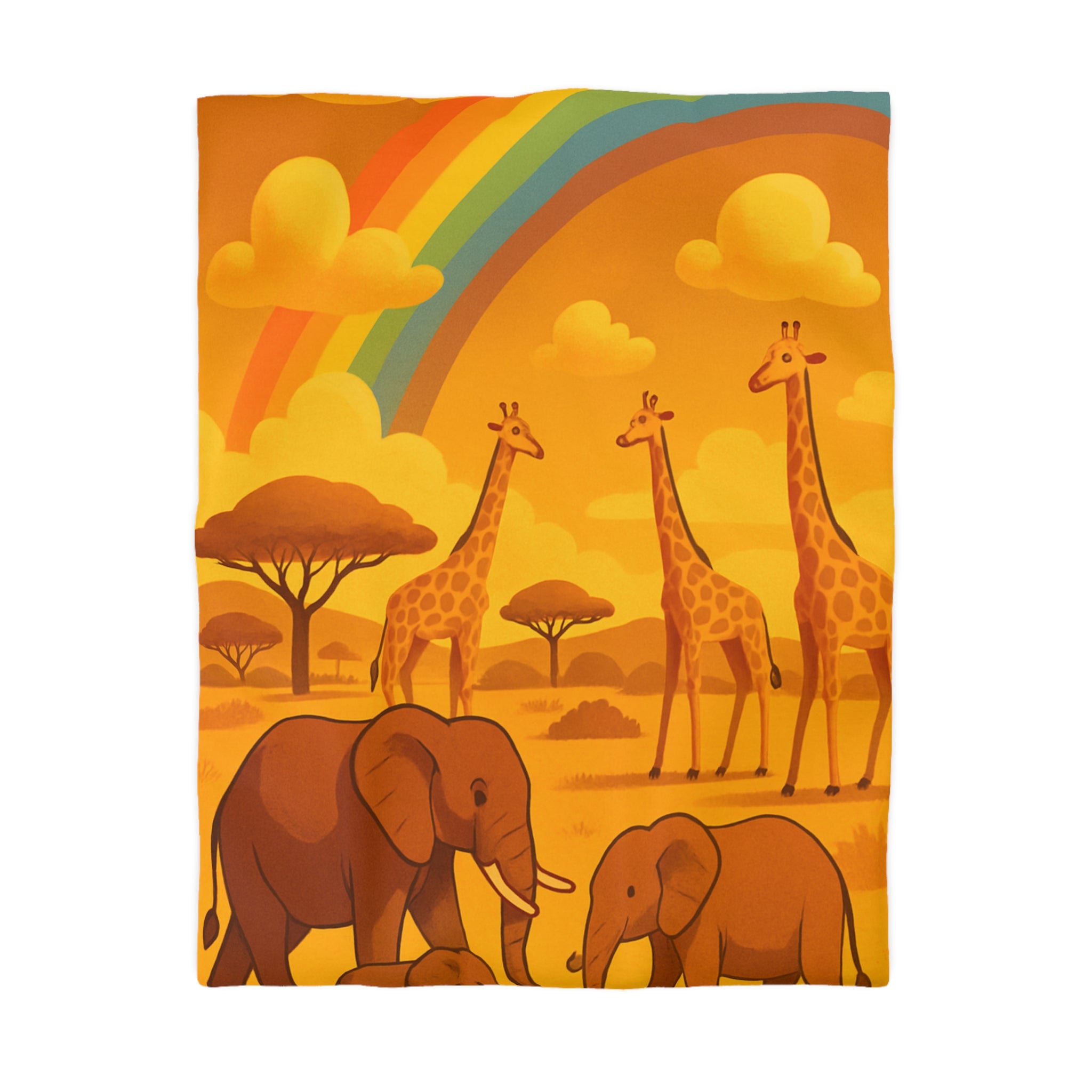 Housse de couette safari enfant avec éléphants, girafes et arc-en-ciel vibrant