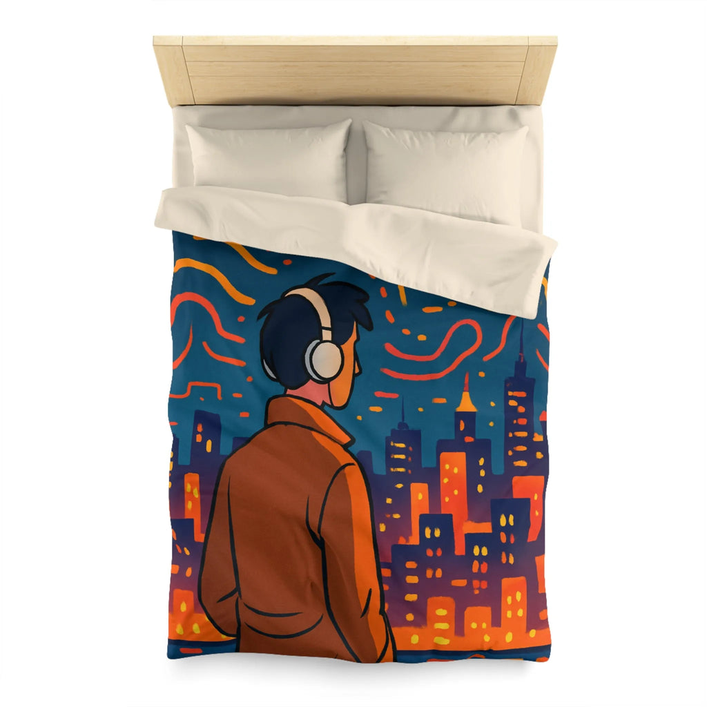 Housse de Couette avec Design Jeune Homme devant Ville Illuminée et Ciel Étoilé