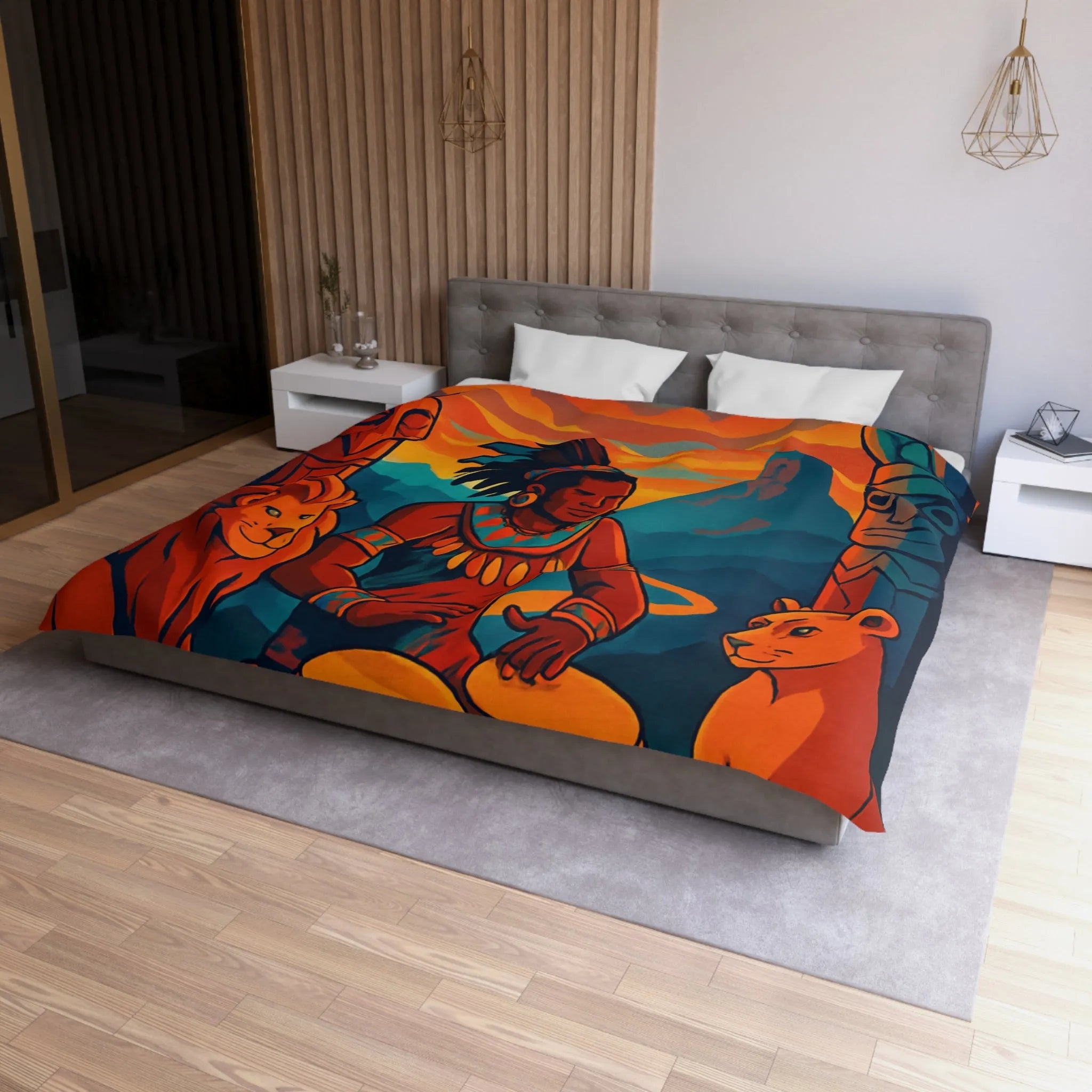 Housse de couette exotique avec musicien, tambours et totems en ambiance chaleureuse