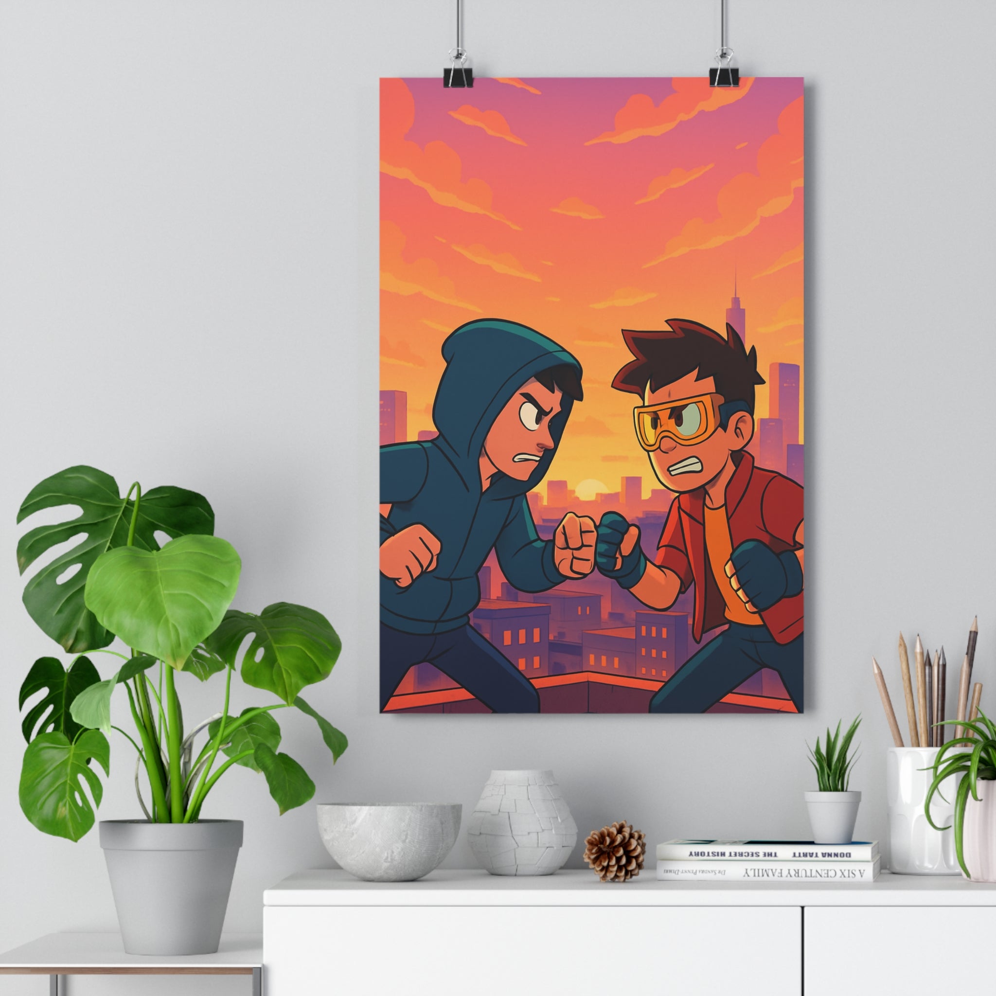 Poster décoratif anime urbain pastel orange rose chambre salon 30x46 aventure dynamique moderne toit