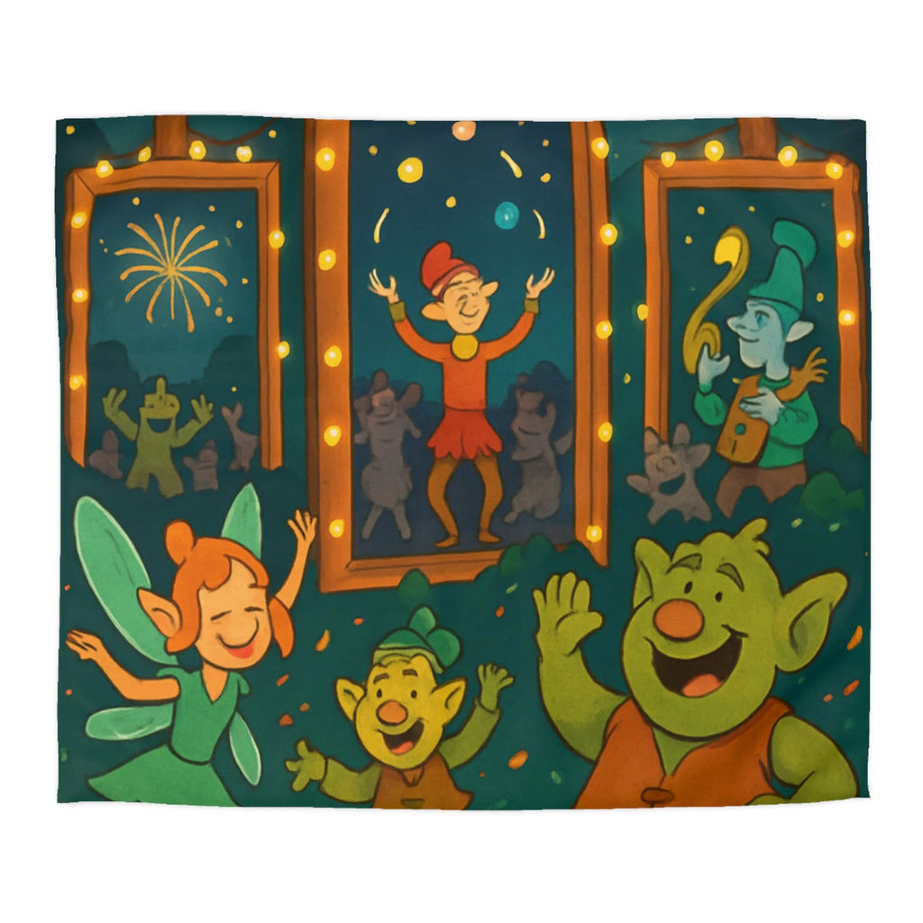 Housse de couette colorée avec lutins dans une fête enchantée sous feux d'artifice