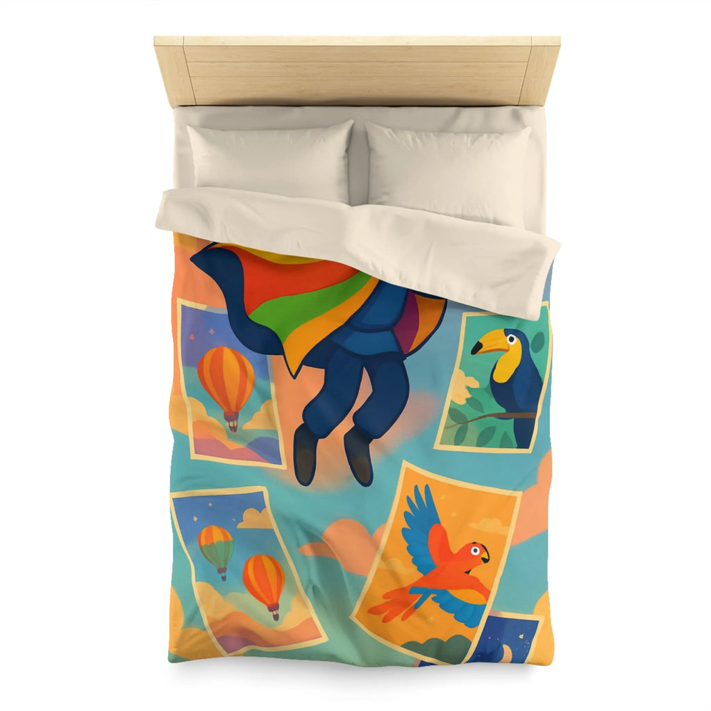 Housse de couette colorée avec motifs d'aventure de montgolfières et oiseaux exotiques