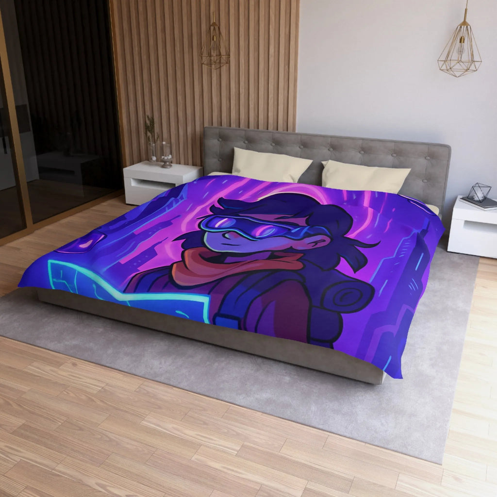 Housse de couette bleue violette style futuriste avec personnage et carte néon