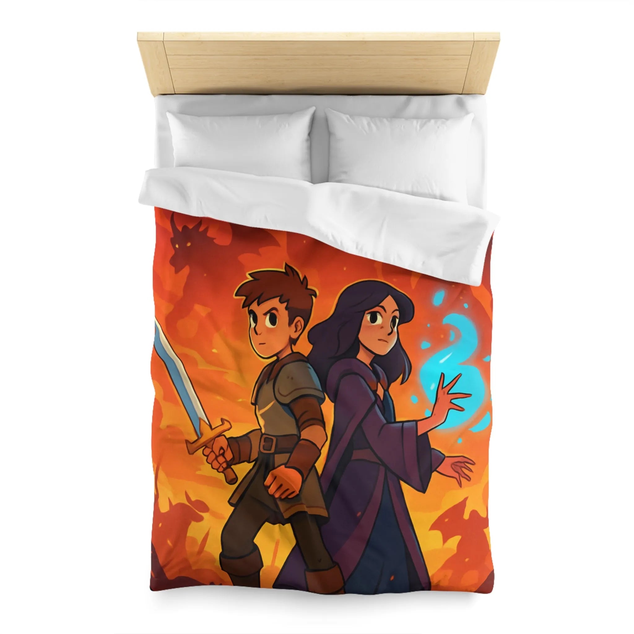 Housse de couette épique, jeunes aventuriers et dragons incandescents en fantaisie captivante