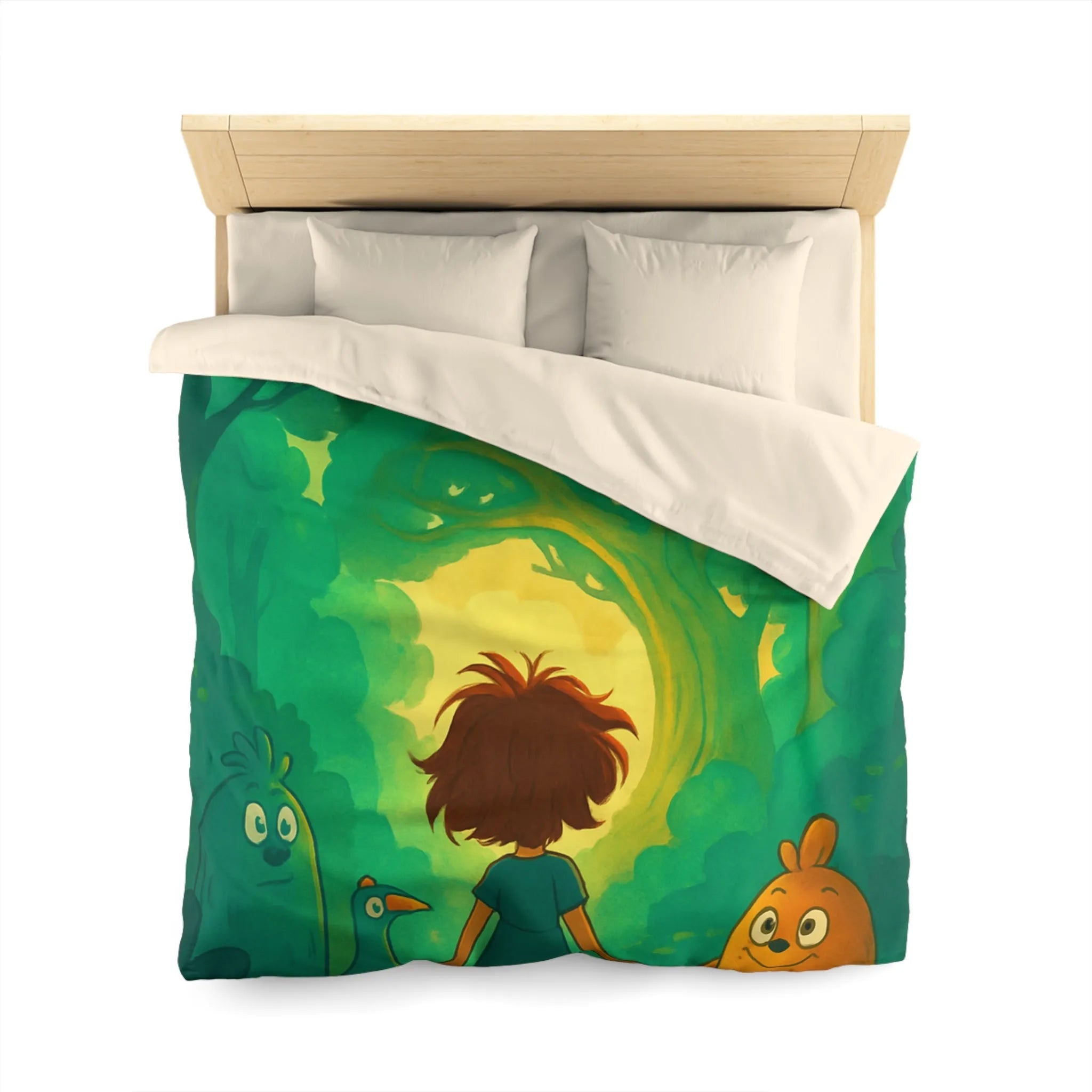 Housse de couette forêts enchantées avec animaux et personnage central, ambiance magique