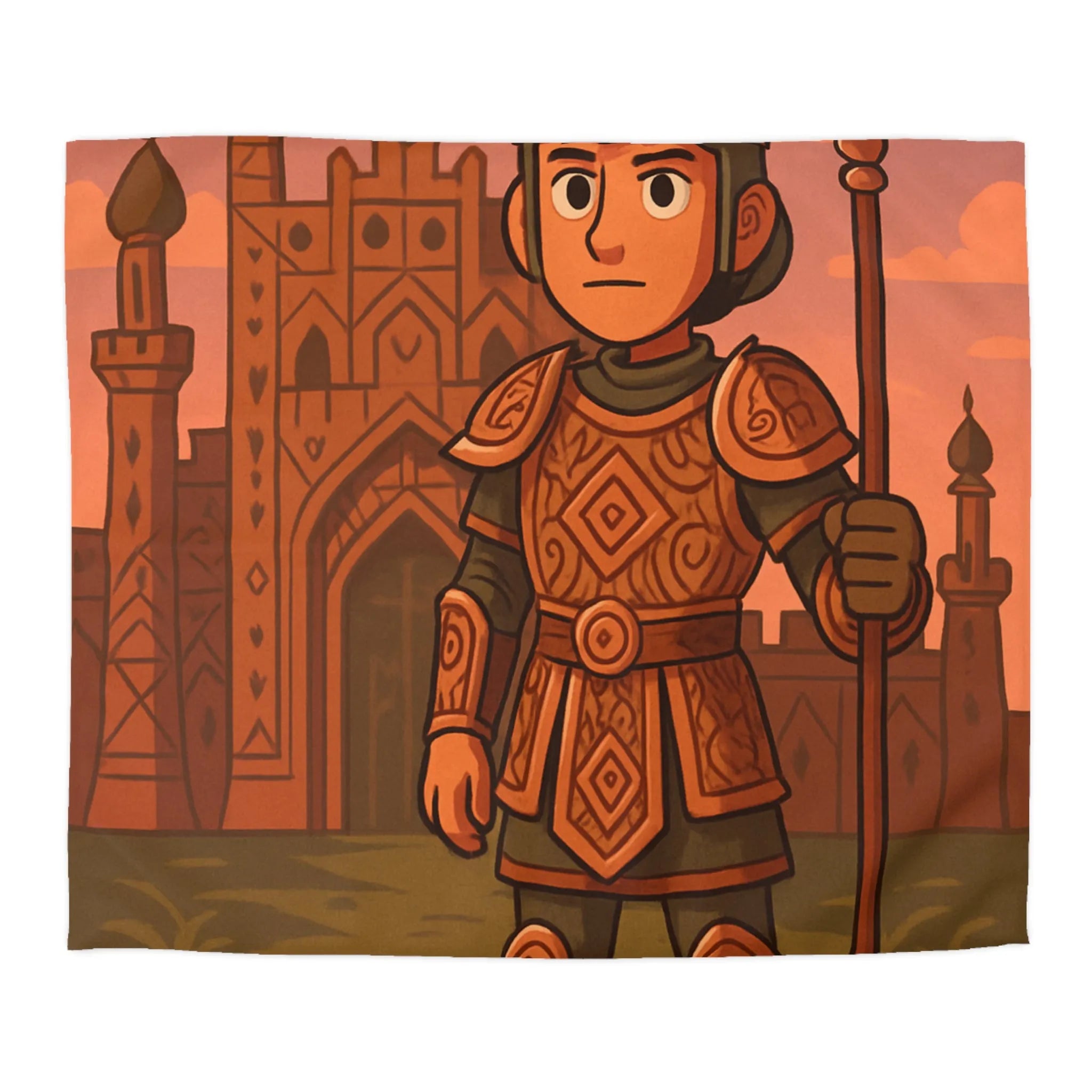 Aventurier médiéval en armure détaillée avec château oriental devant lever de soleil orangé