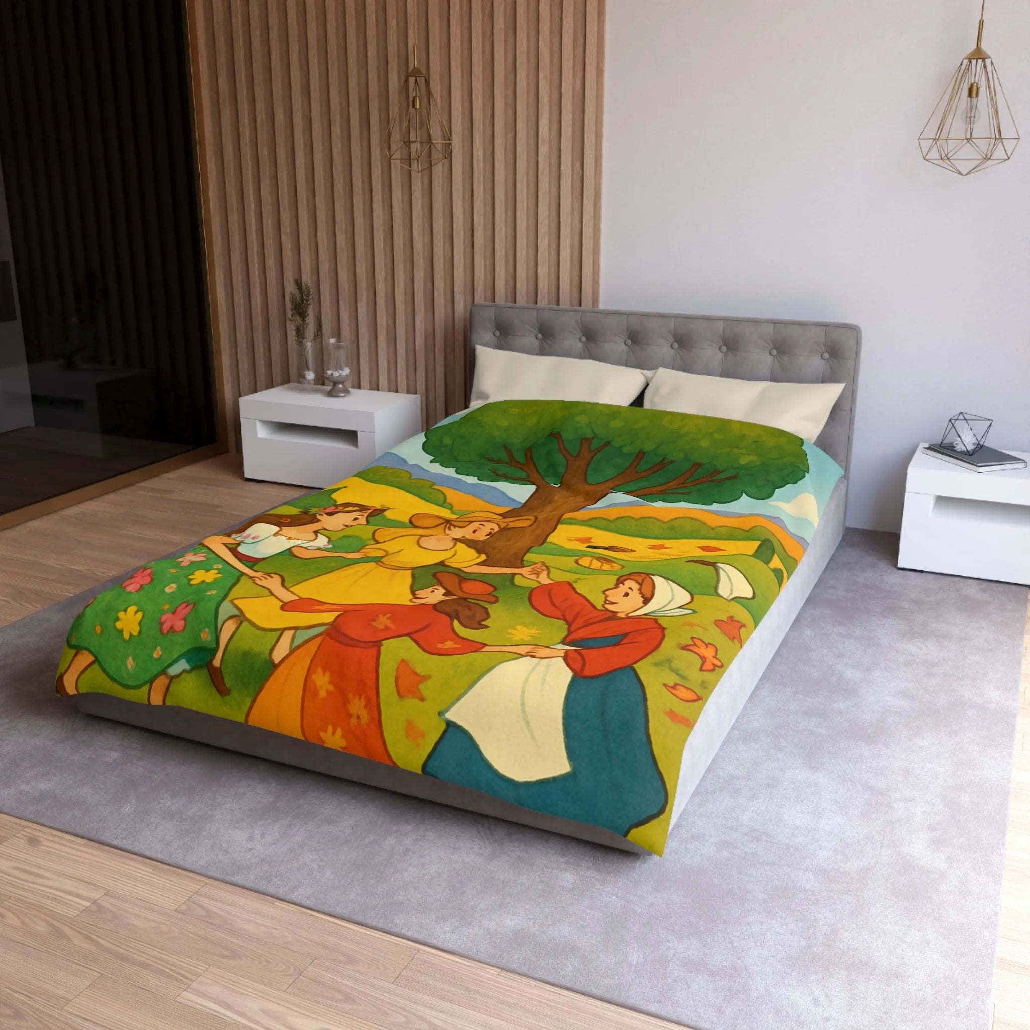 Housse de couette champêtre aux motifs de danseuses rondes et paysage bucolique coloré