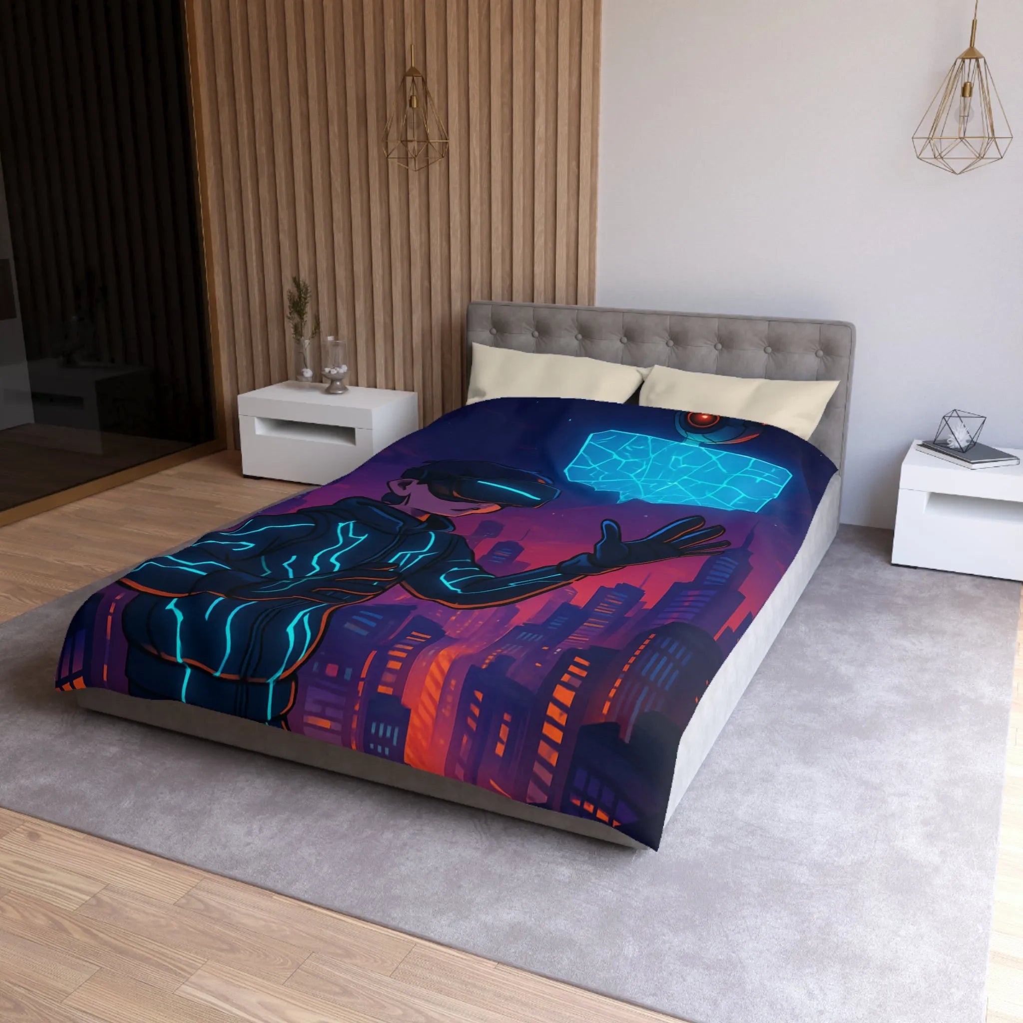 Housse de couette avec illustration futuriste de réalité virtuelle et drone lumineux